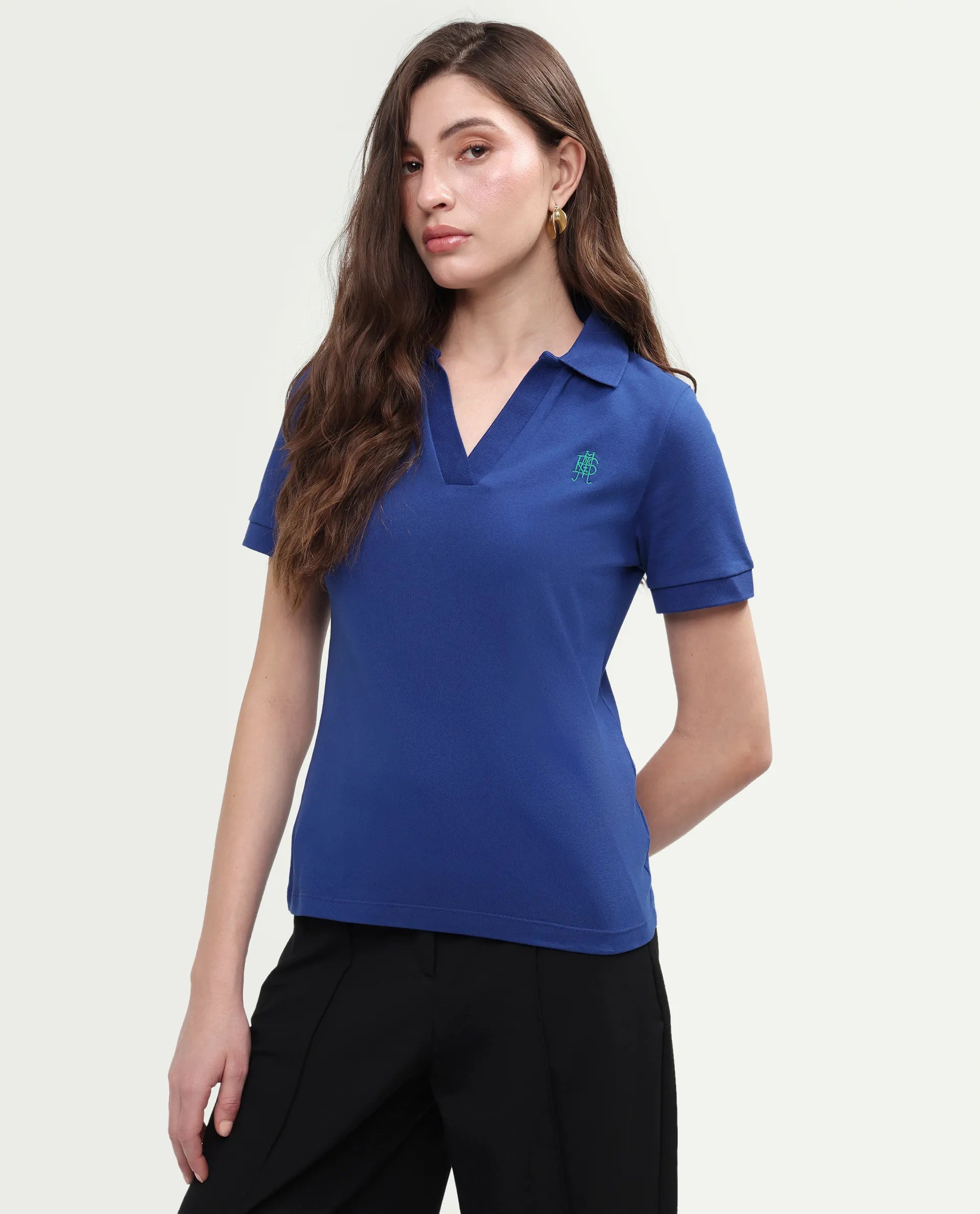 Rareism Women's Zavin Dark Blue Cotton Blend Half Sleeve Regular Fit Plain Polo