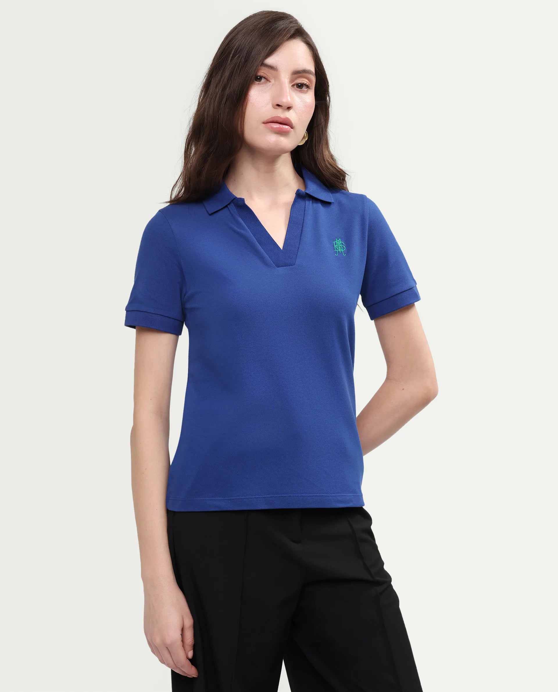 Rareism Women's Zavin Dark Blue Cotton Blend Half Sleeve Regular Fit Plain Polo