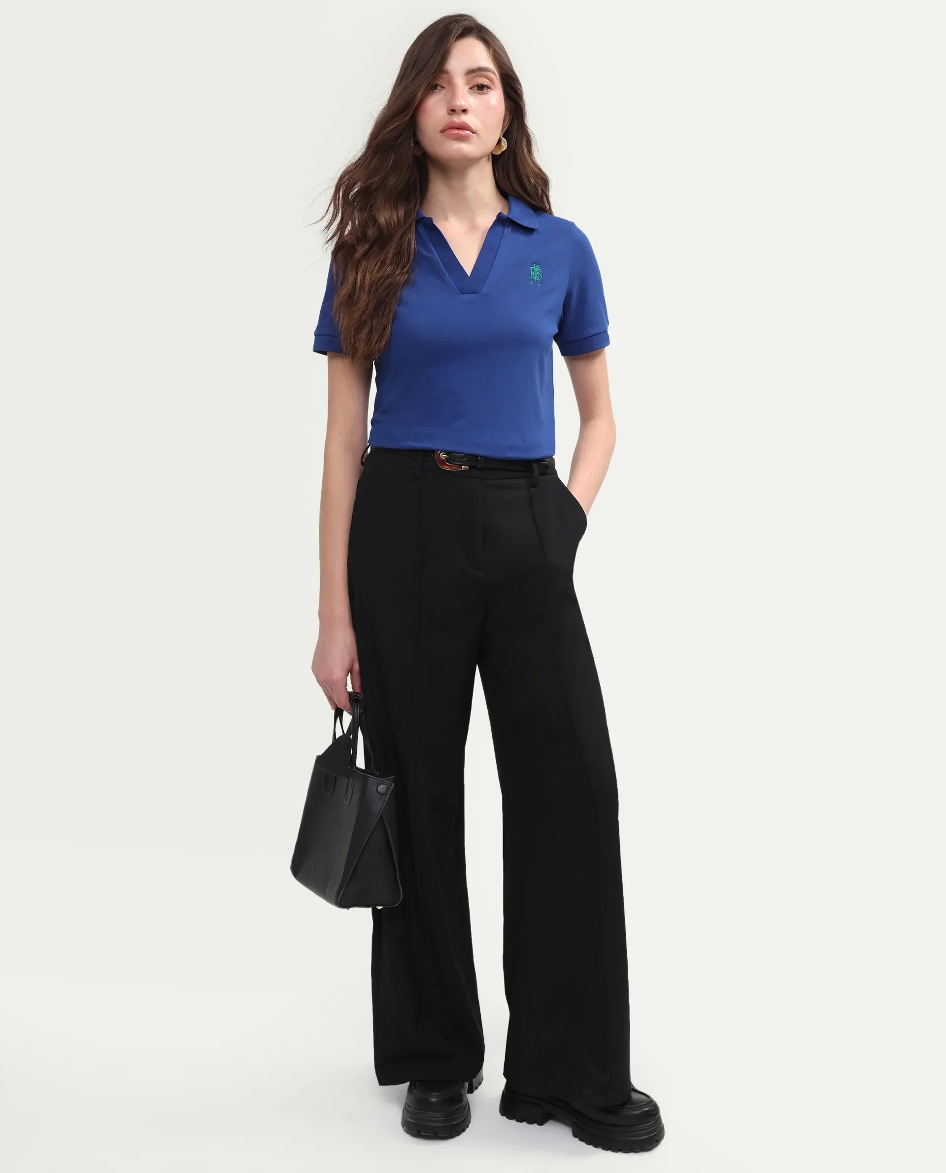 Rareism Women's Zavin Dark Blue Cotton Blend Half Sleeve Regular Fit Plain Polo