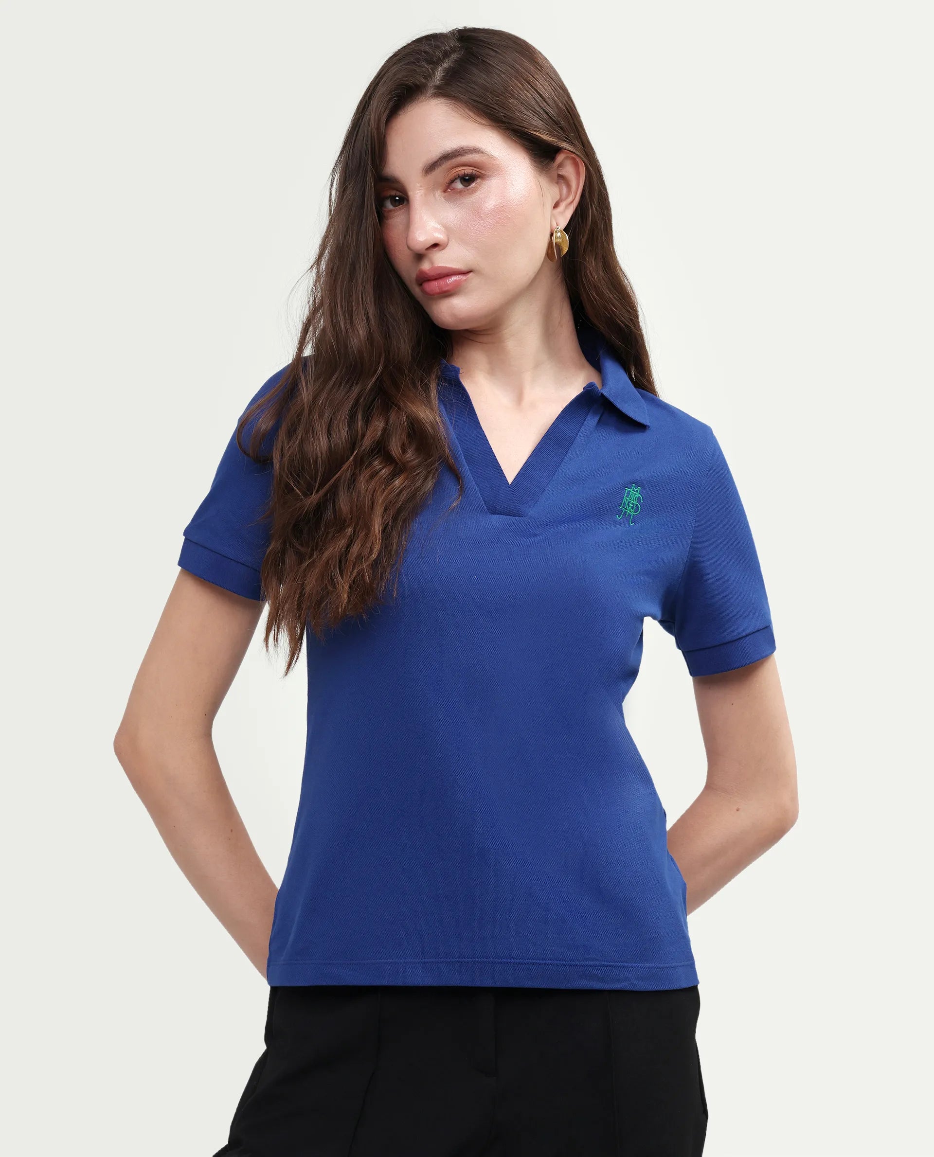 Rareism Women's Zavin Dark Blue Cotton Blend Half Sleeve Regular Fit Plain Polo