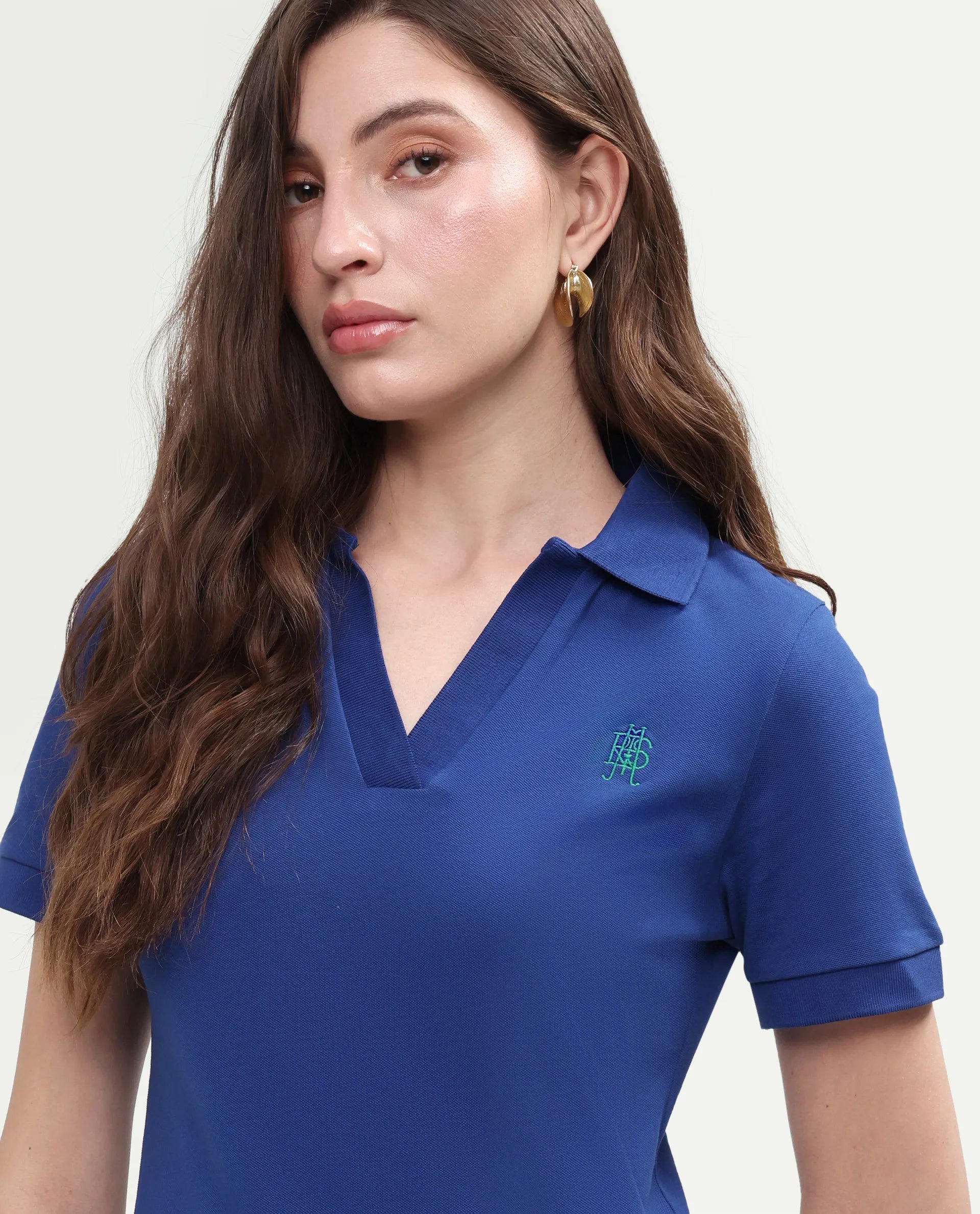Rareism Women's Zavin Dark Blue Cotton Blend Half Sleeve Regular Fit Plain Polo