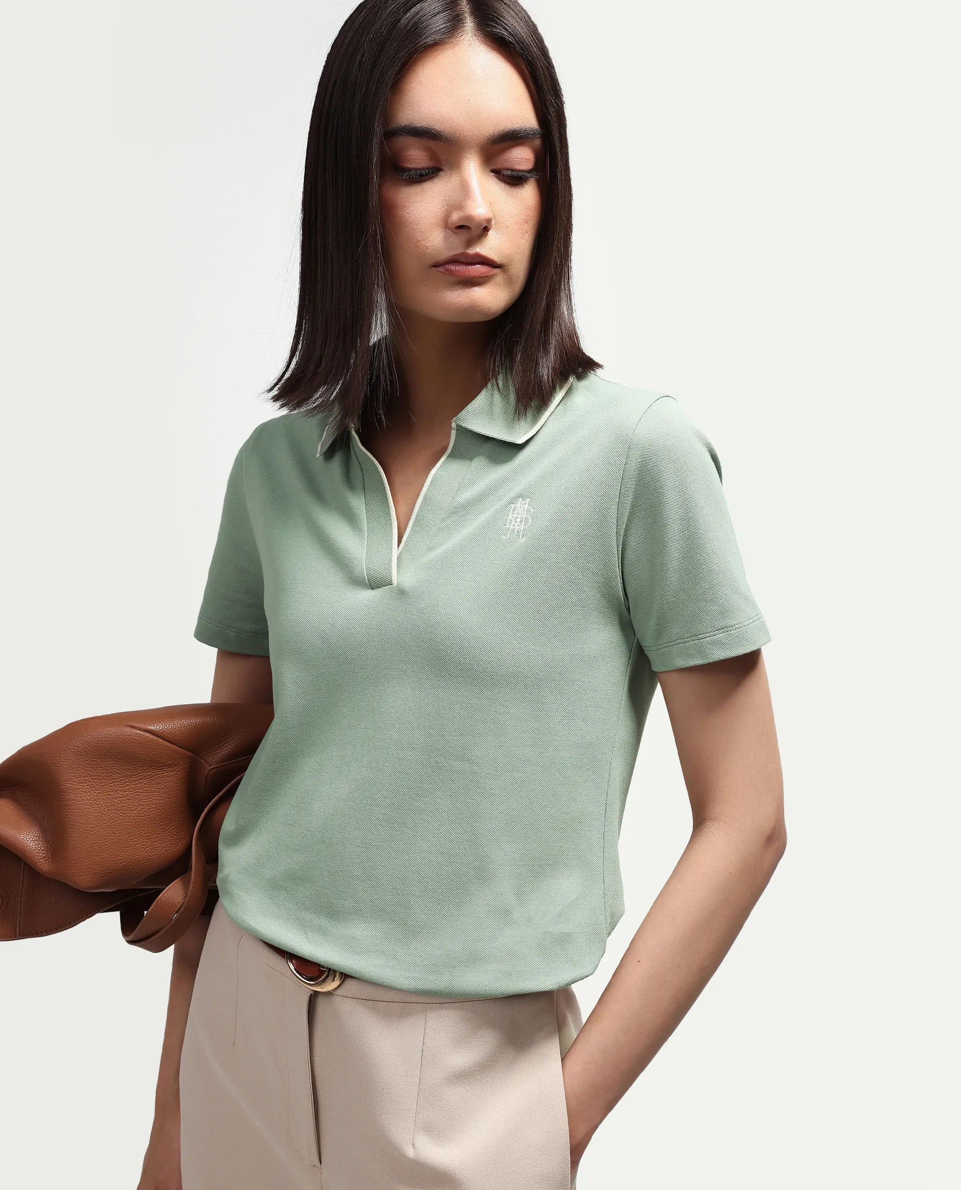 Rareism Women's Zeya Light Green Cotton Blend Half Sleeve Regular Fit Plain Polo
