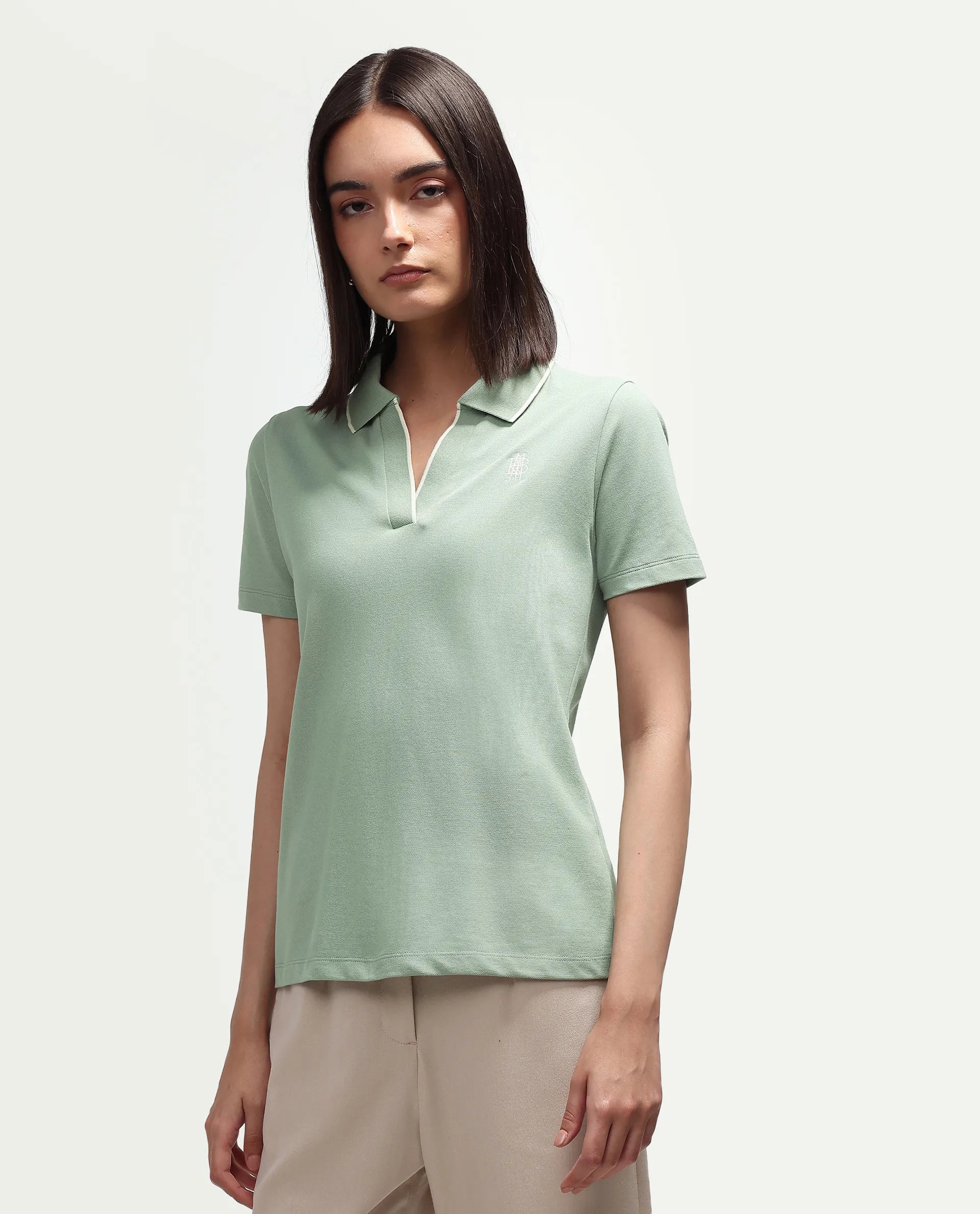 Rareism Women's Zeya Light Green Cotton Blend Half Sleeve Regular Fit Plain Polo