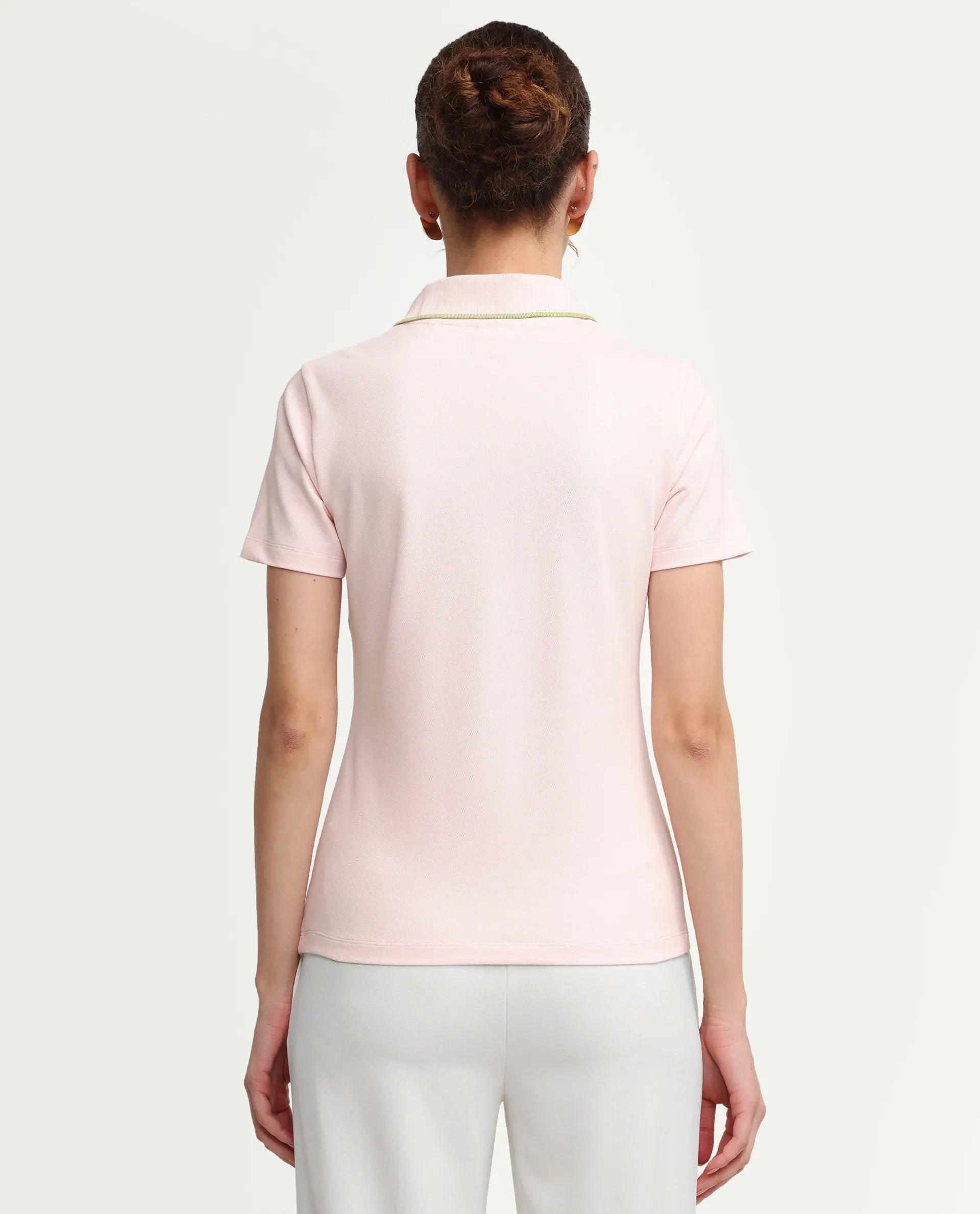 Rareism Women's Zeya Light Pink Cotton Blend Half Sleeve Regular Fit Plain Polo