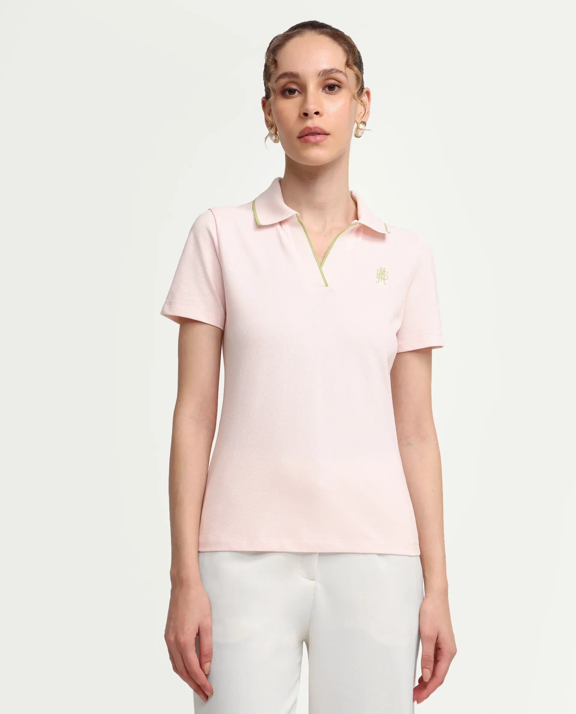 Rareism Women's Zeya Light Pink Cotton Blend Half Sleeve Regular Fit Plain Polo