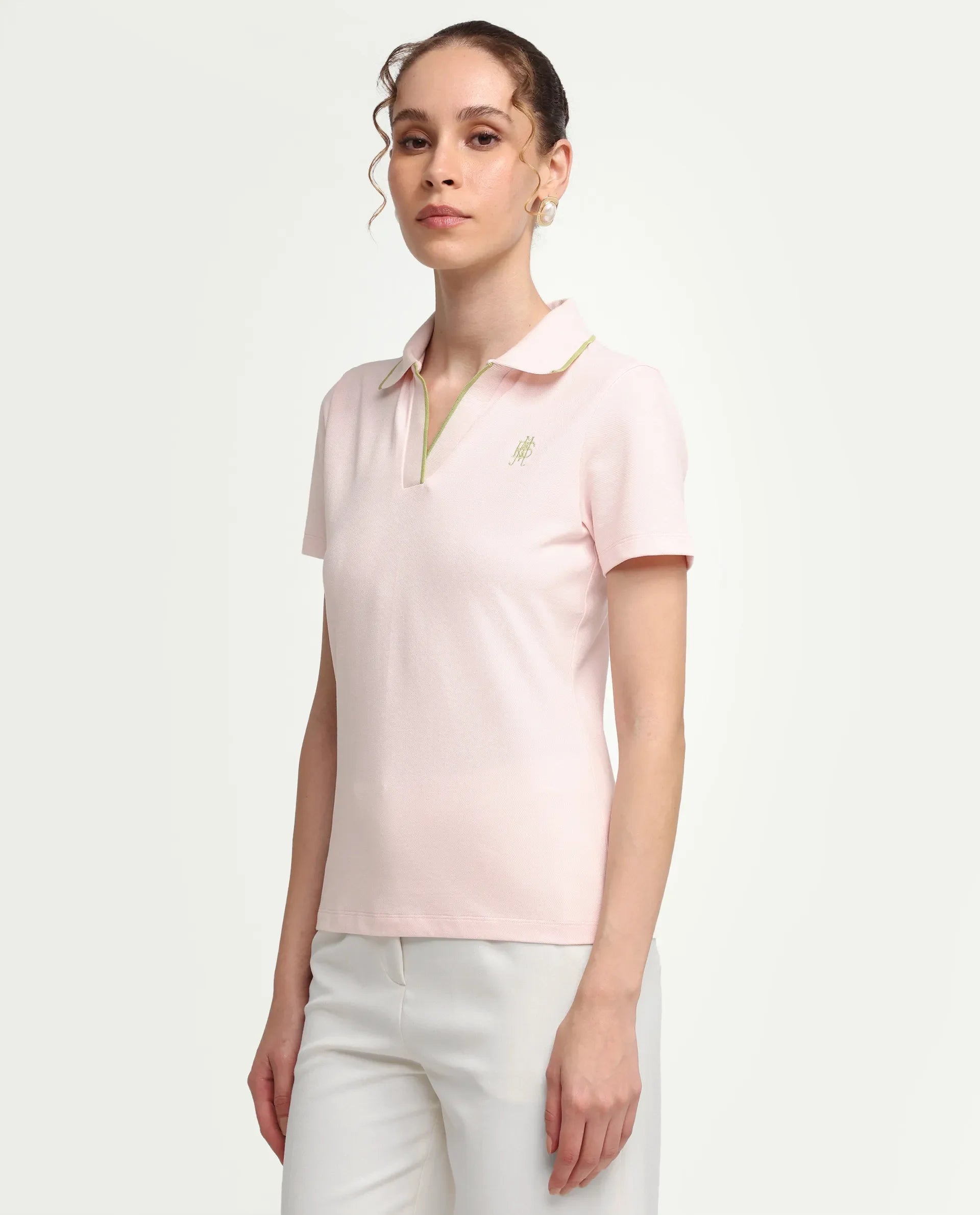 Rareism Women's Zeya Light Pink Cotton Blend Half Sleeve Regular Fit Plain Polo