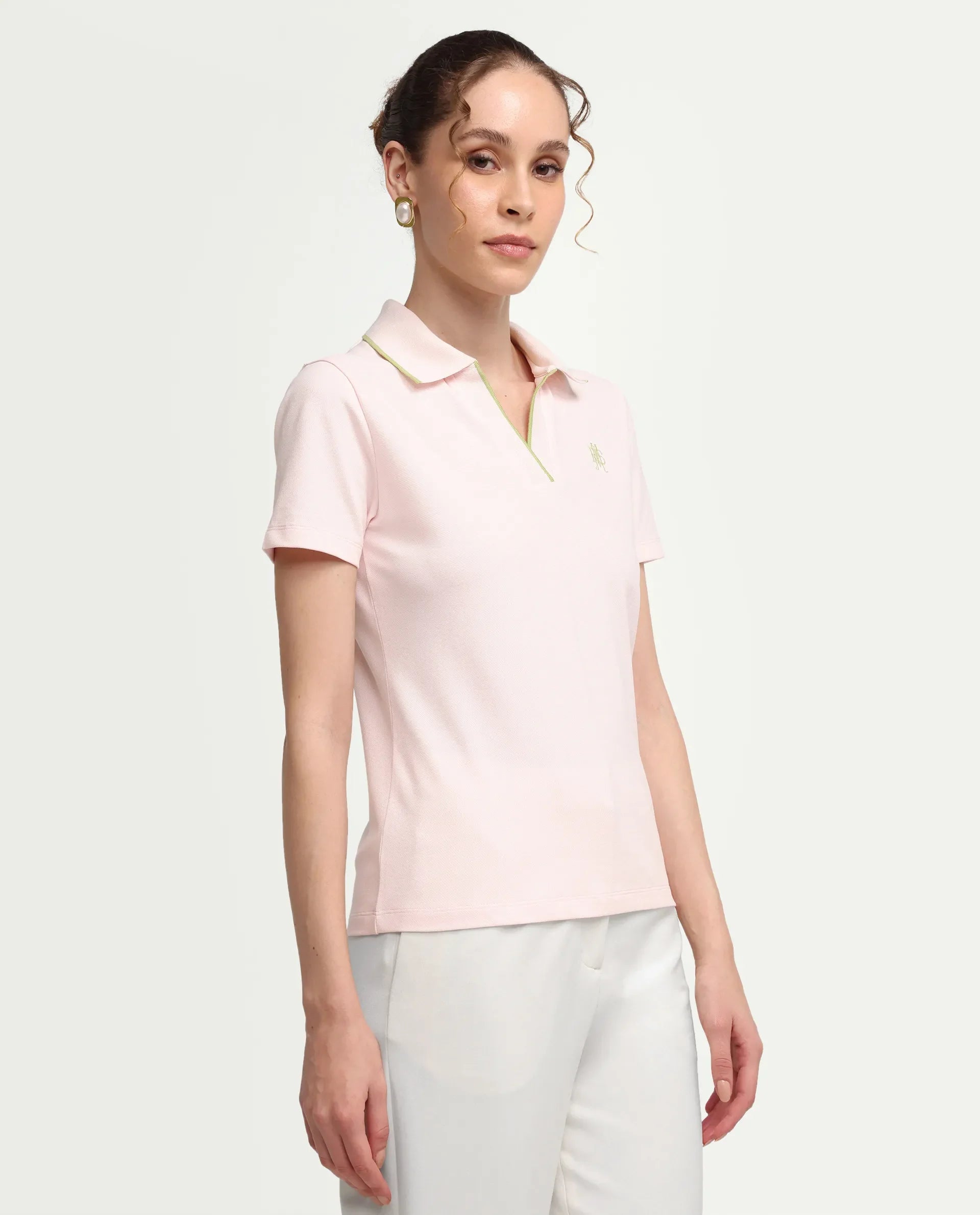 Rareism Women's Zeya Light Pink Cotton Blend Half Sleeve Regular Fit Plain Polo