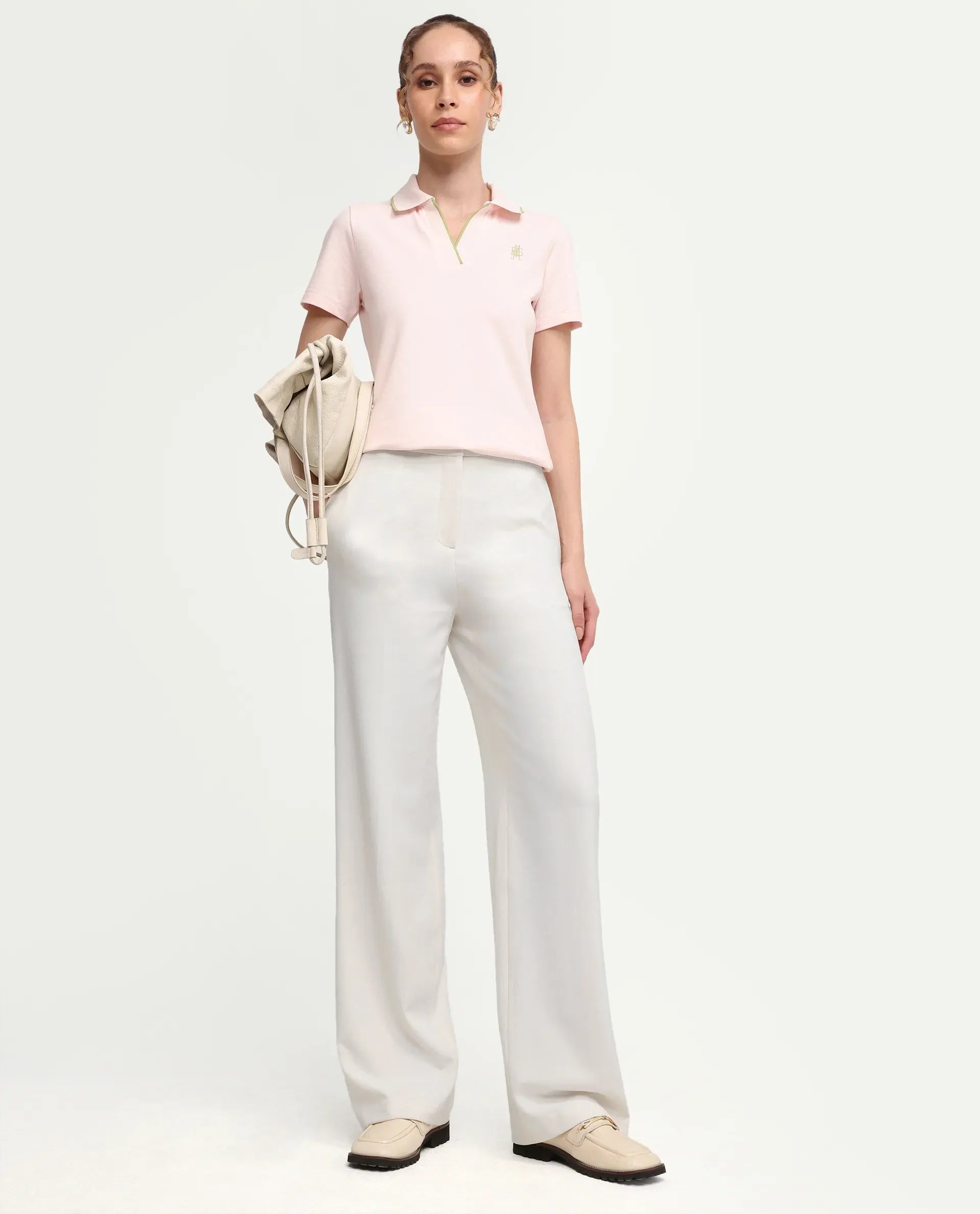 Rareism Women's Zeya Light Pink Cotton Blend Half Sleeve Regular Fit Plain Polo