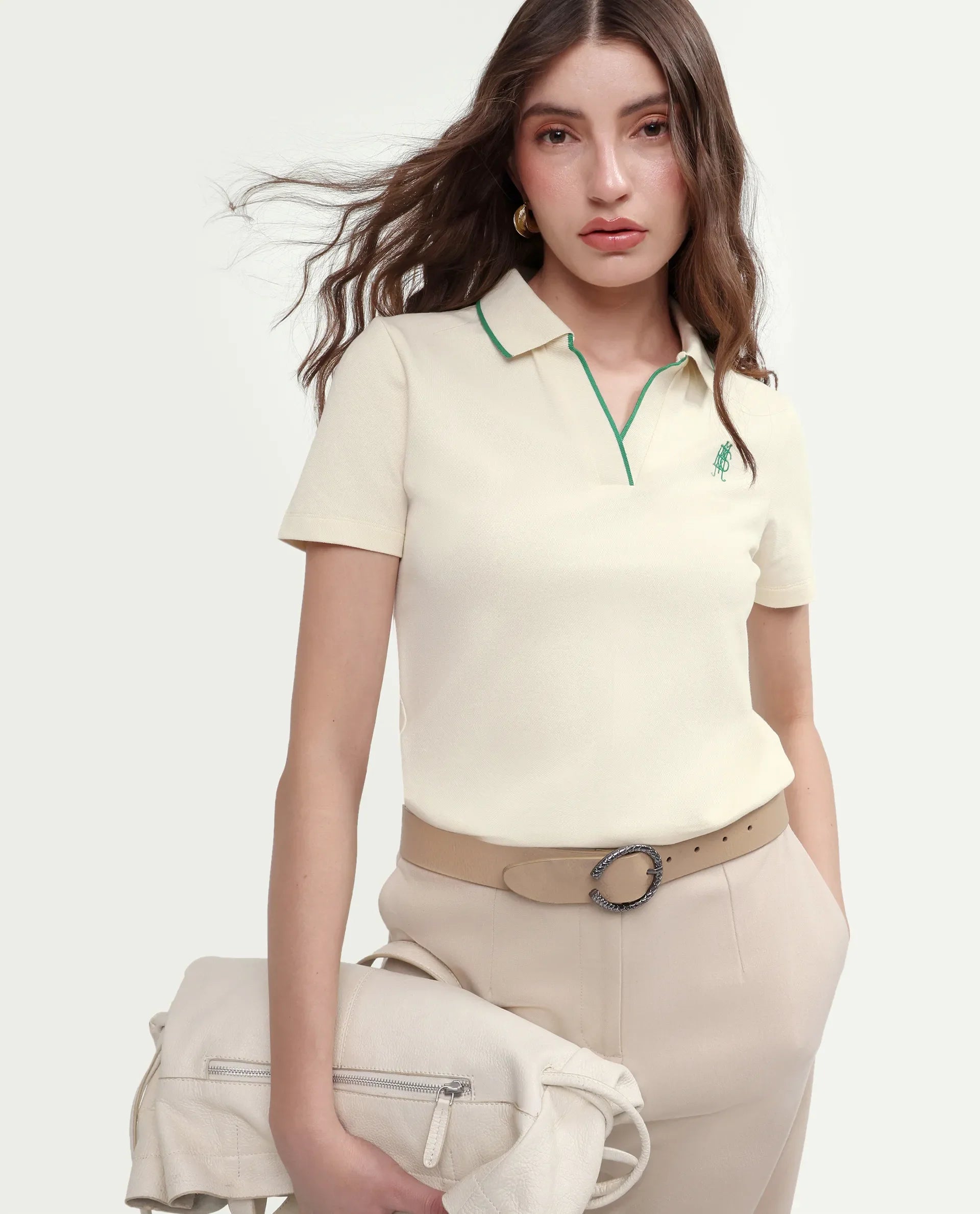 Rareism Women's Zeya Off White Cotton Blend Half Sleeve Regular Fit Plain Polo