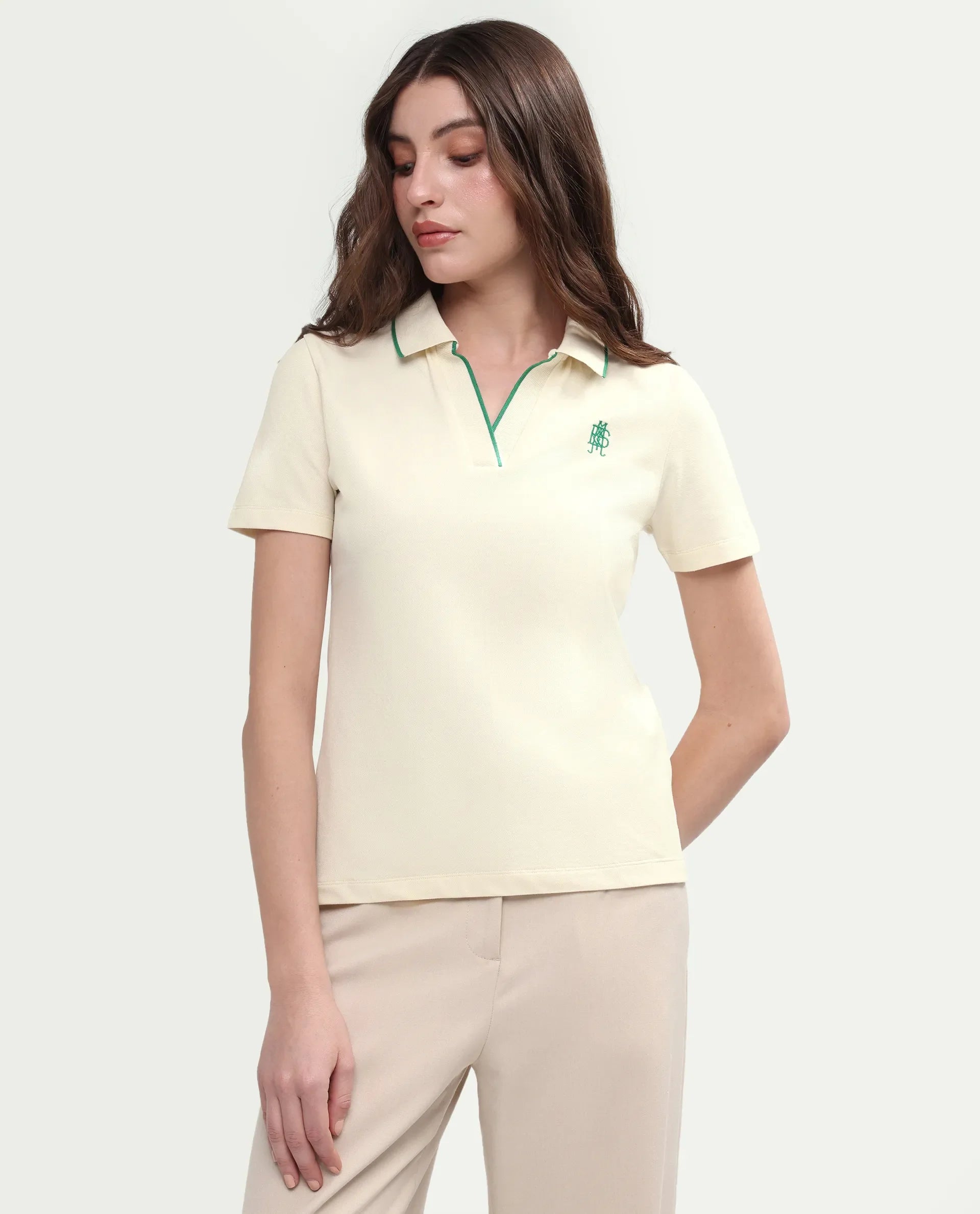 Rareism Women's Zeya Off White Cotton Blend Half Sleeve Regular Fit Plain Polo