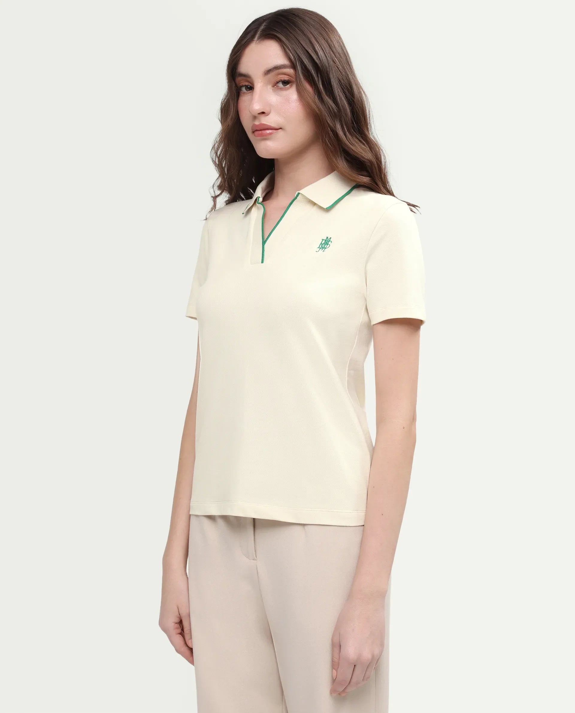 Rareism Women's Zeya Off White Cotton Blend Half Sleeve Regular Fit Plain Polo