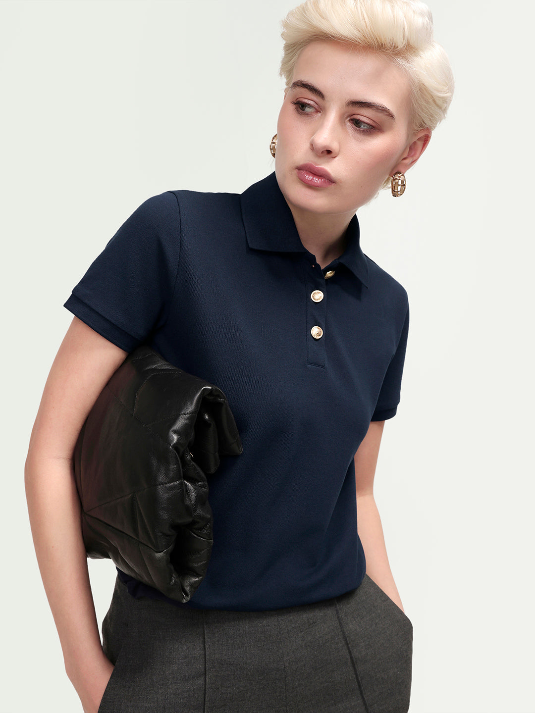 Rareism Women's Zana Navy Cotton Lycra Half Sleeve Regular Fit Plain Polo