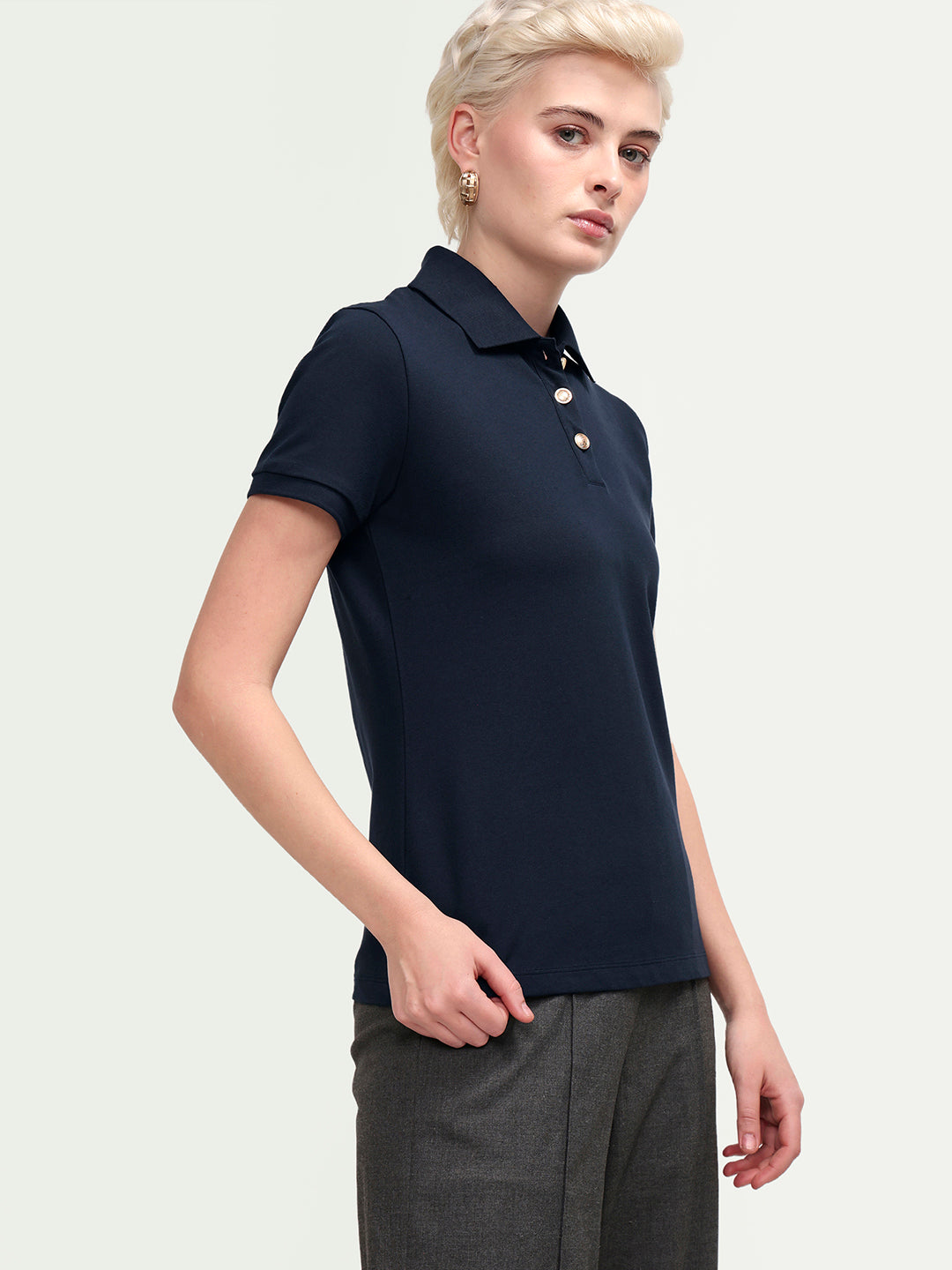 Rareism Women's Zana Navy Cotton Lycra Half Sleeve Regular Fit Plain Polo