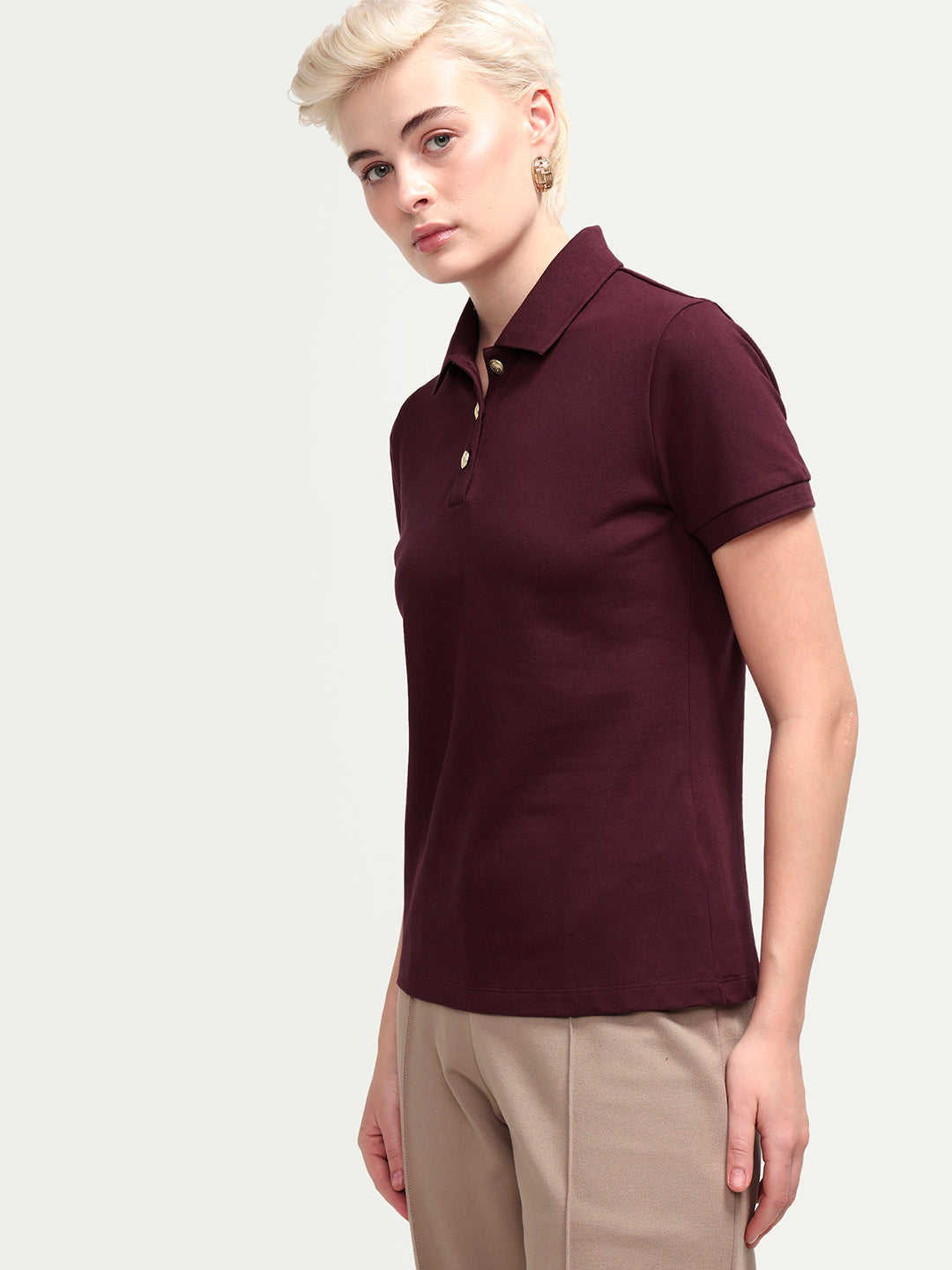 Rareism Women's Zana Dark Maroon Cotton Blend Half Sleeve Regular Fit Plain Polo