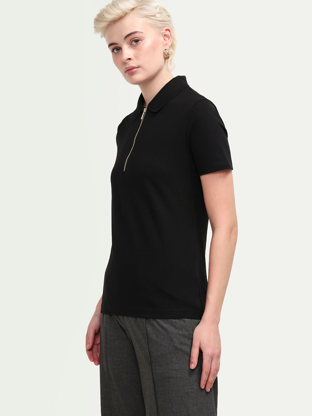 Rareism Women's Zeke Black Cotton Blend Half Sleeve Regular Fit Plain Polo