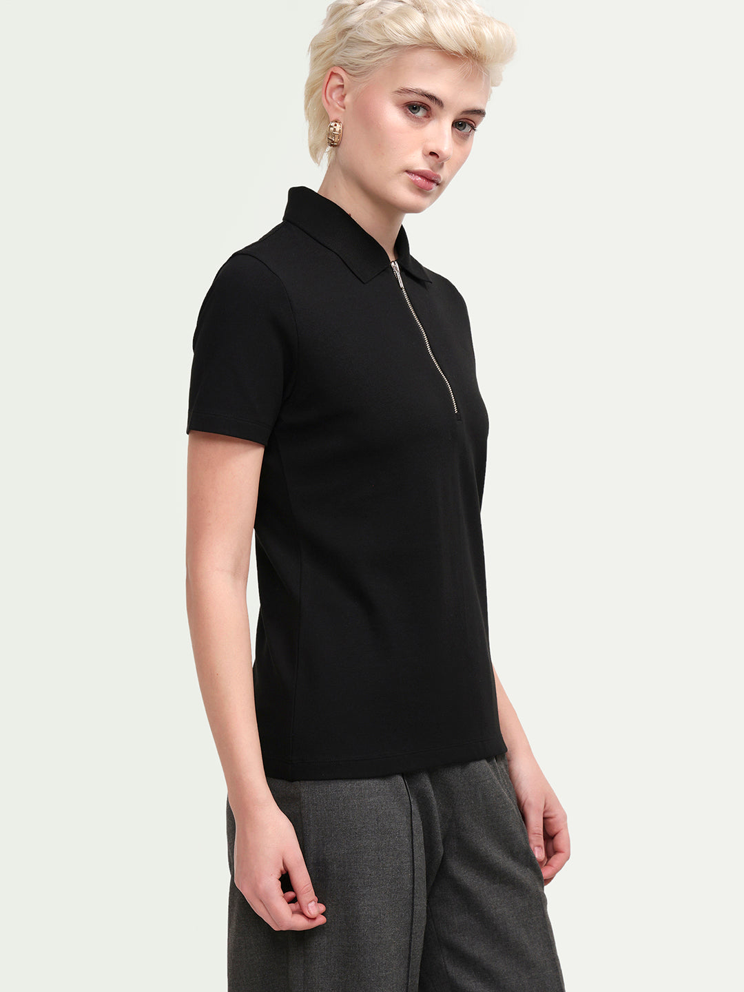 Rareism Women's Zeke Black Cotton Blend Half Sleeve Regular Fit Plain Polo