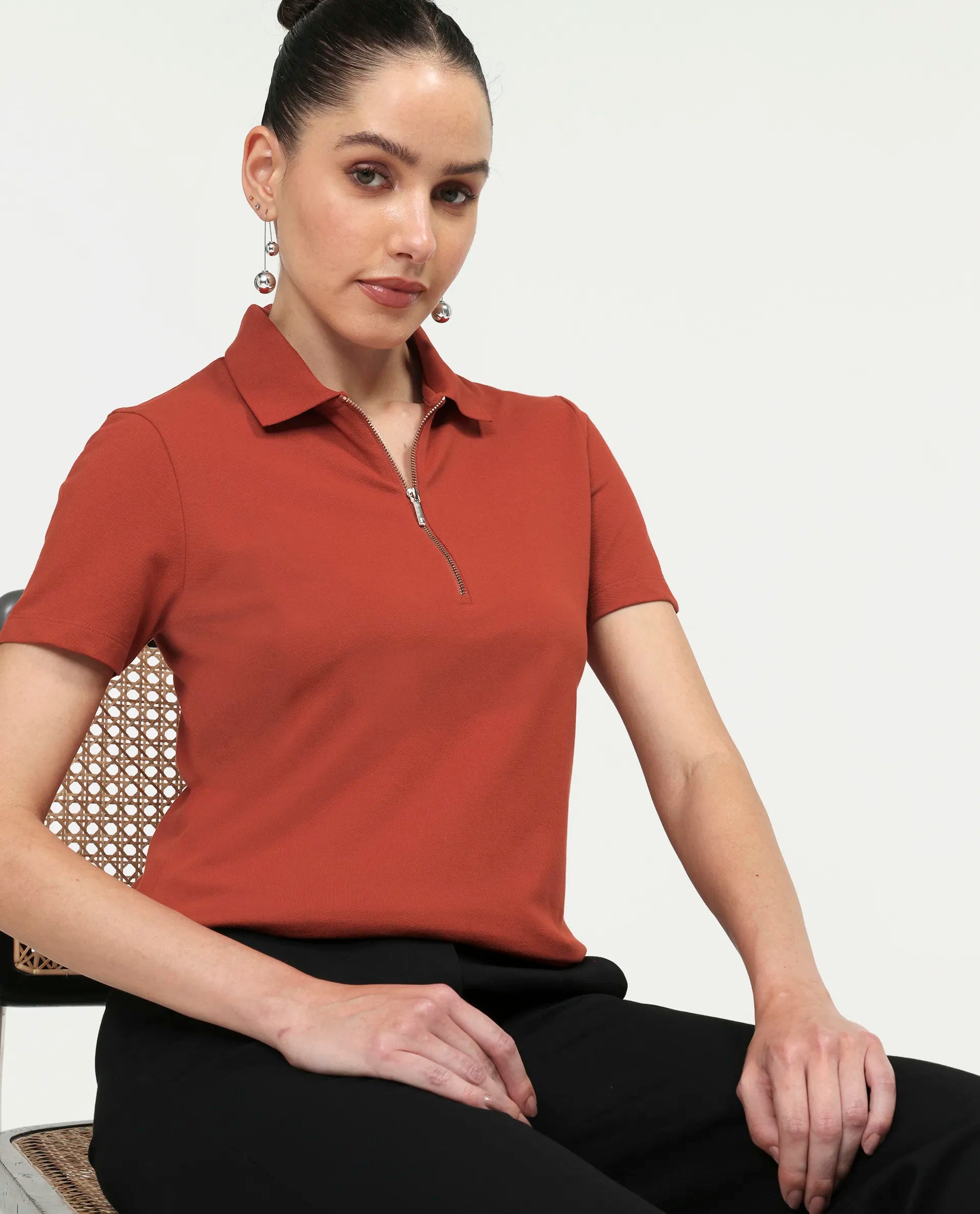 Rareism Women's Zeke Rust Cotton Blend Half Sleeve Regular Fit Plain Polo