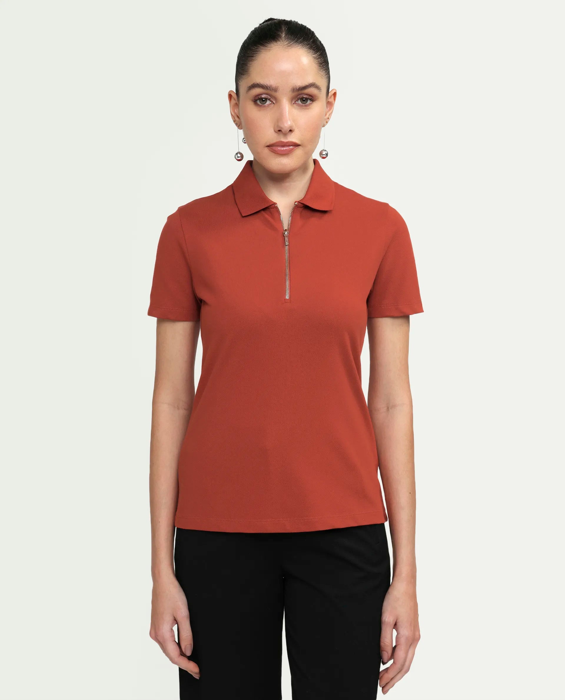 Rareism Women's Zeke Rust Cotton Blend Half Sleeve Regular Fit Plain Polo