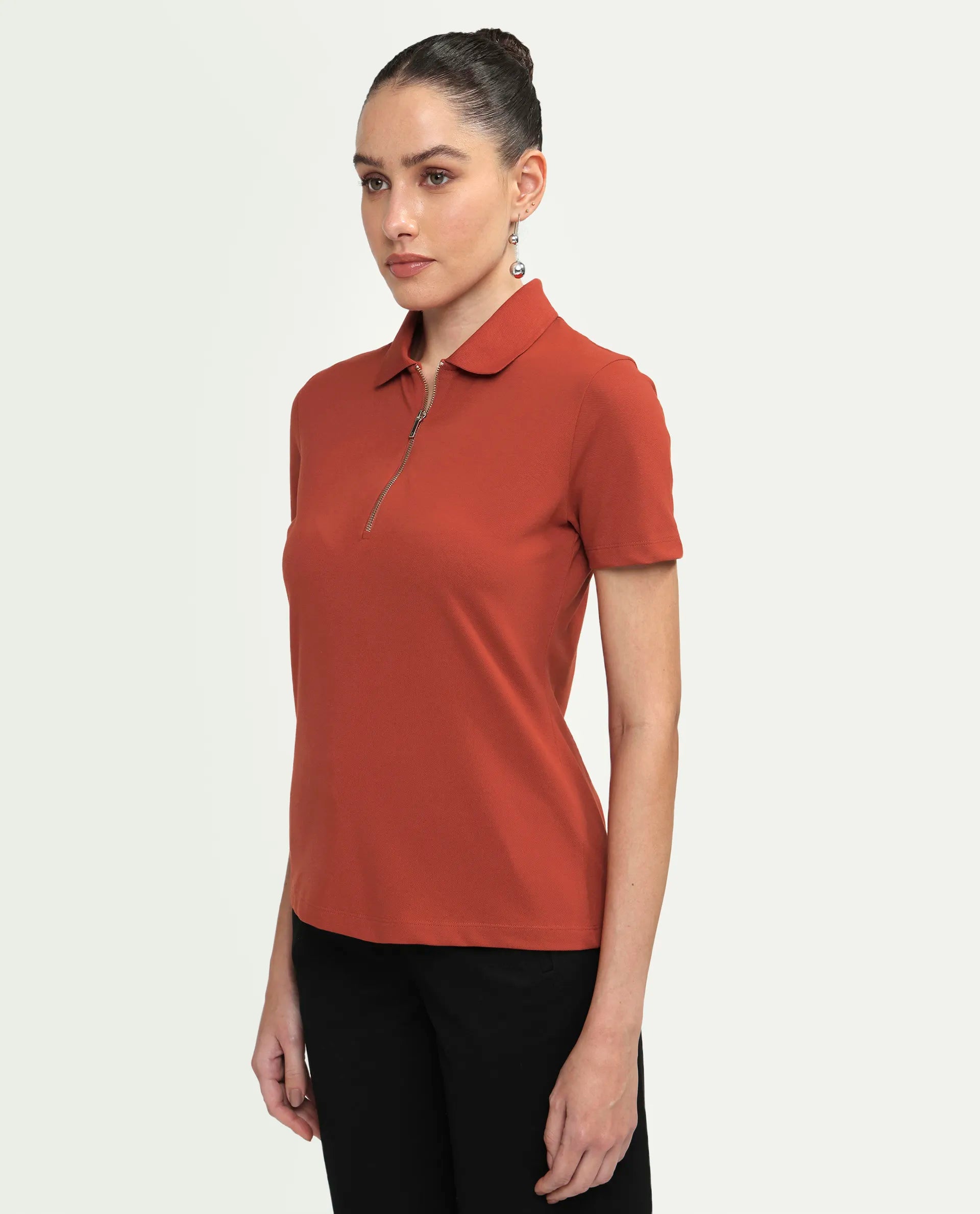 Rareism Women's Zeke Rust Cotton Blend Half Sleeve Regular Fit Plain Polo