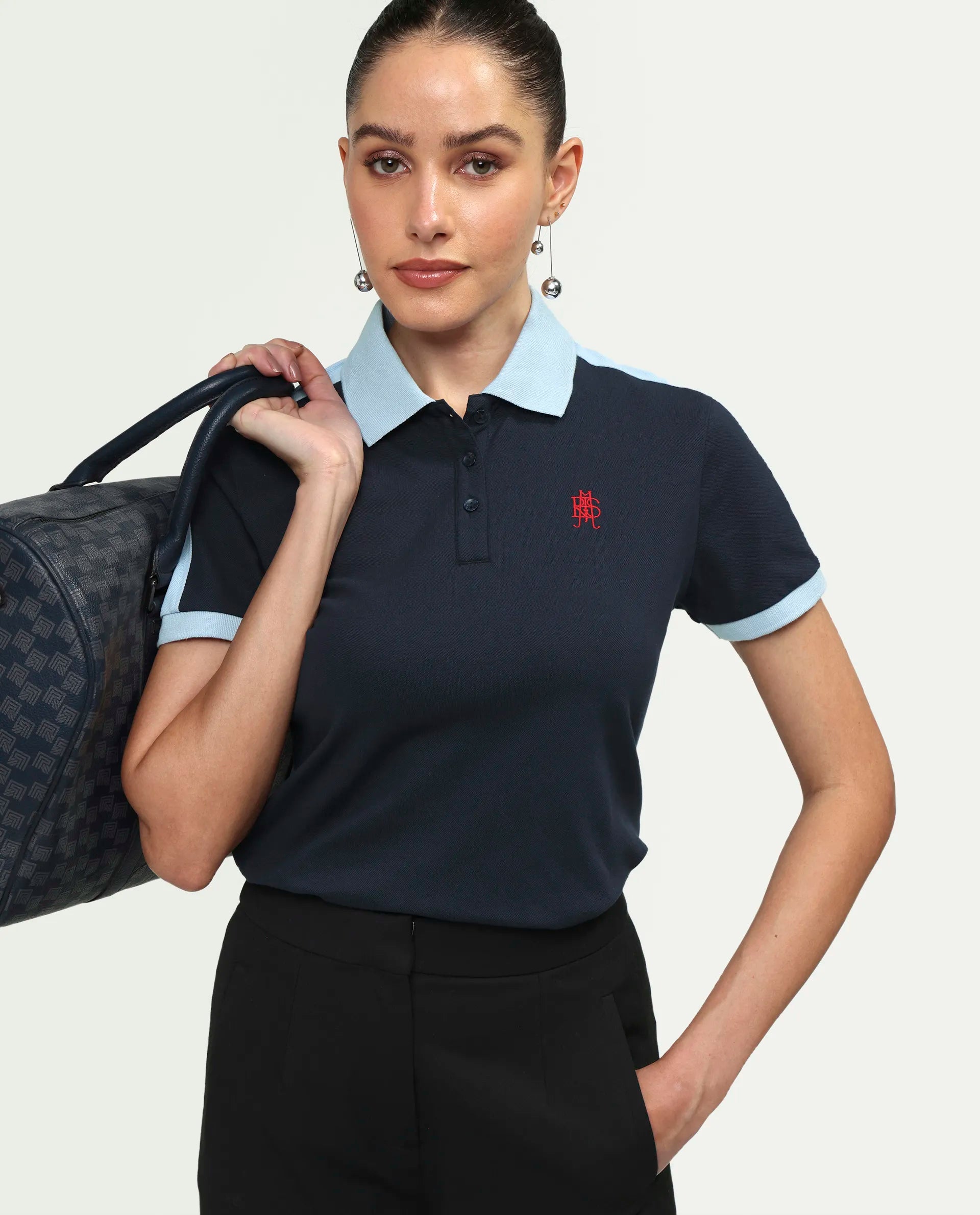 Rareism Women's Zeco Navy Cotton Blend Half Sleeve Regular Fit Plain Polo