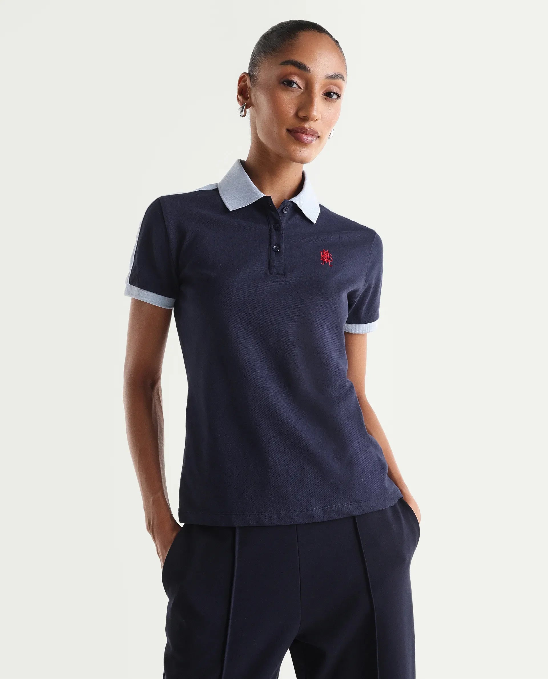 Rareism Women's Zeco Navy Cotton Blend Half Sleeve Regular Fit Plain Polo