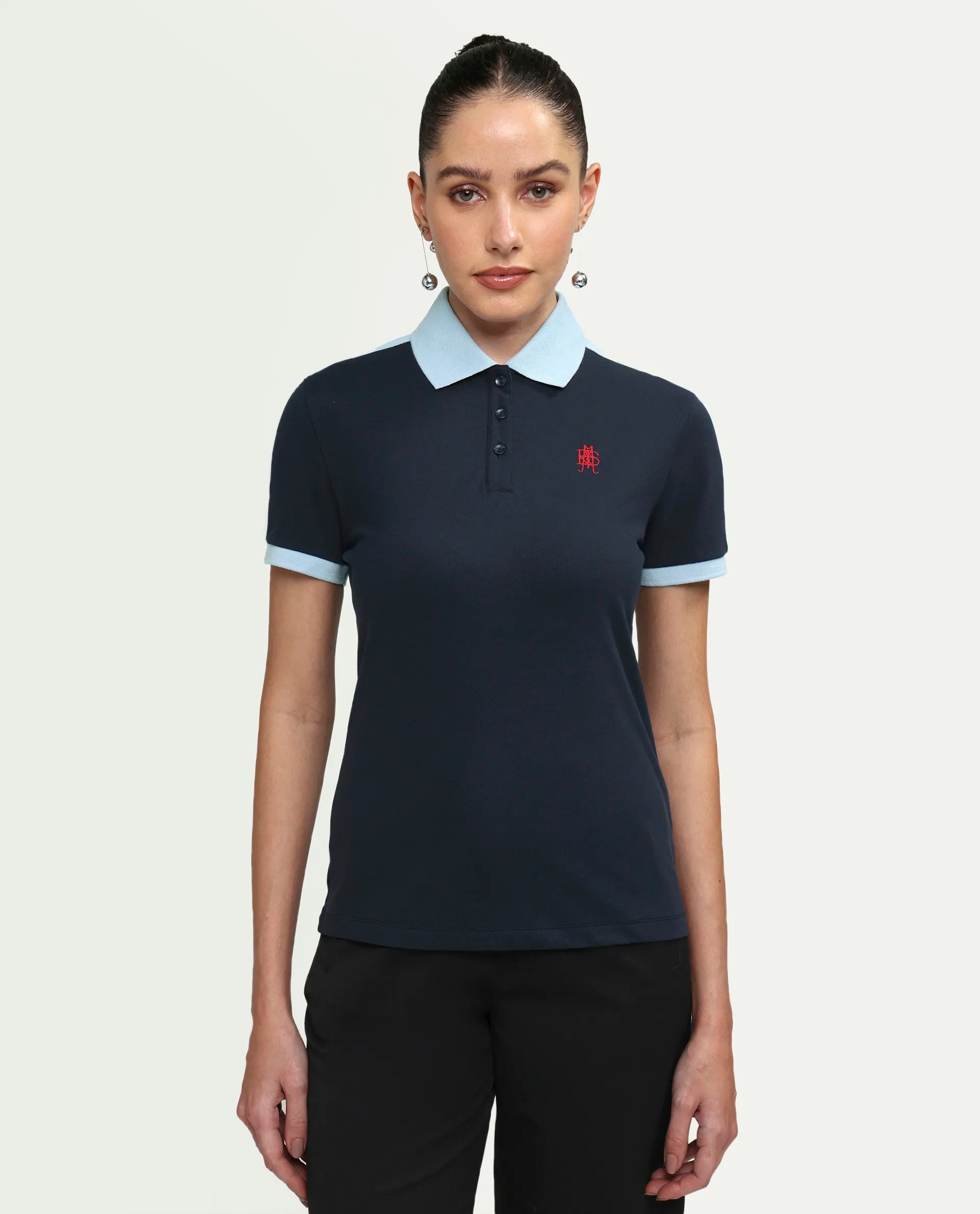 Rareism Women's Zeco Navy Cotton Blend Half Sleeve Regular Fit Plain Polo