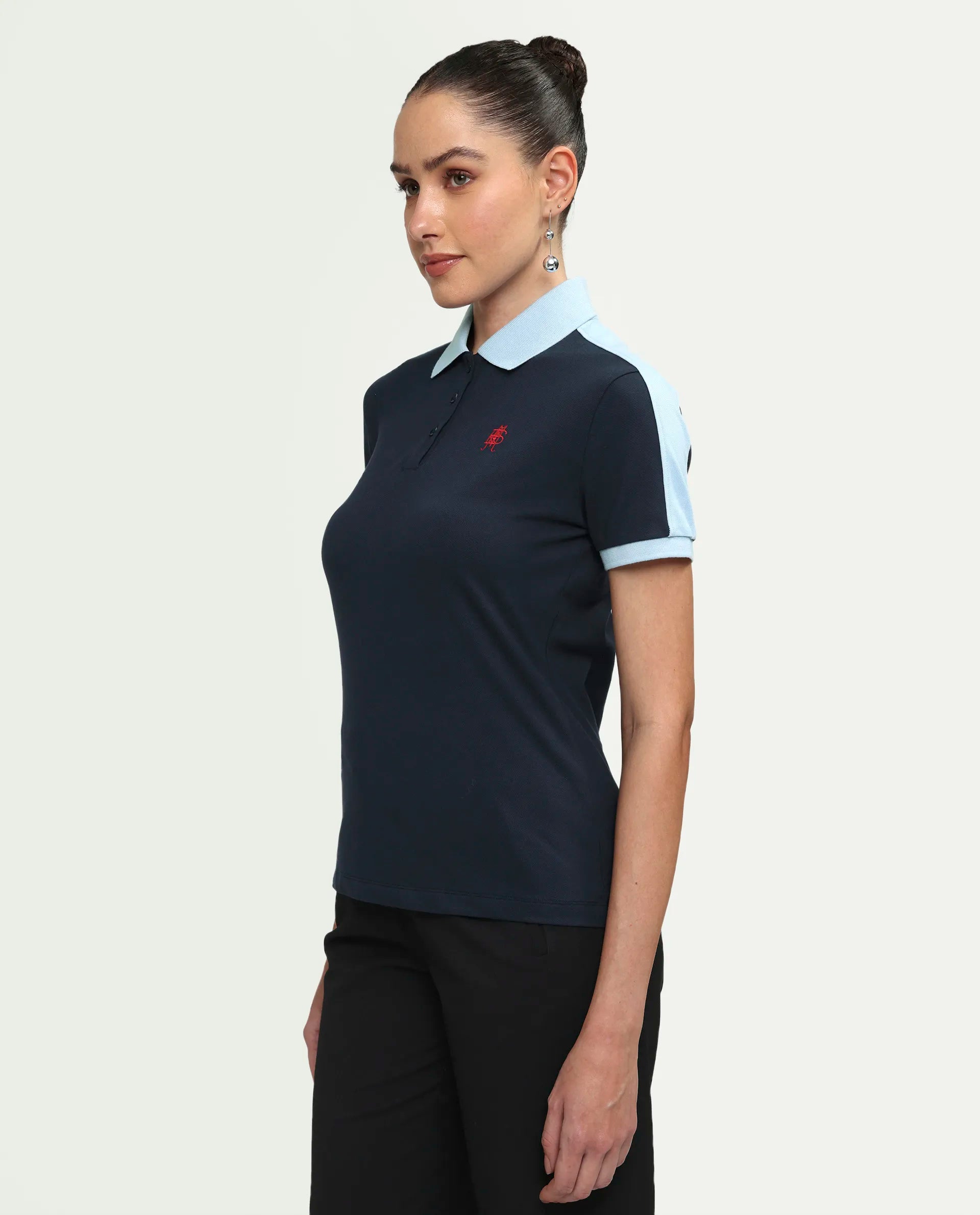 Rareism Women's Zeco Navy Cotton Blend Half Sleeve Regular Fit Plain Polo