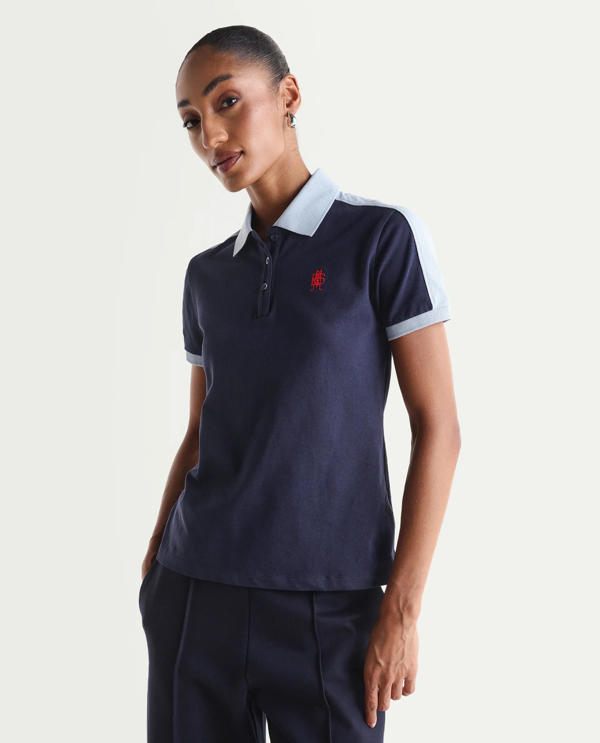 Rareism Women's Zeco Navy Cotton Blend Half Sleeve Regular Fit Plain Polo