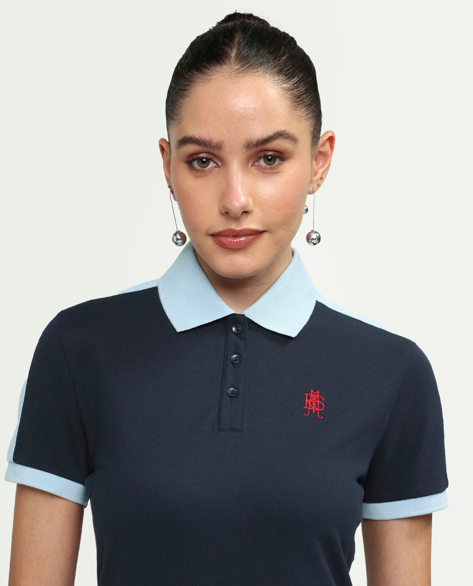 Rareism Women's Zeco Navy Cotton Blend Half Sleeve Regular Fit Plain Polo