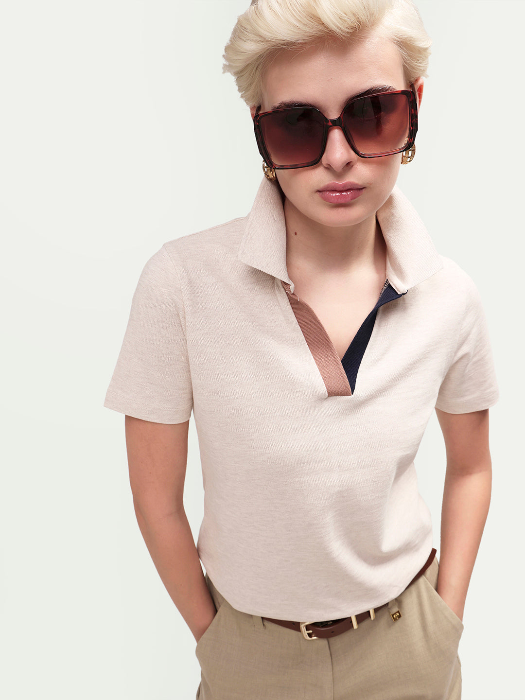 Rareism Women's Zoat Light Beige Cotton Blend Half Sleeve Regular Fit Plain Polo