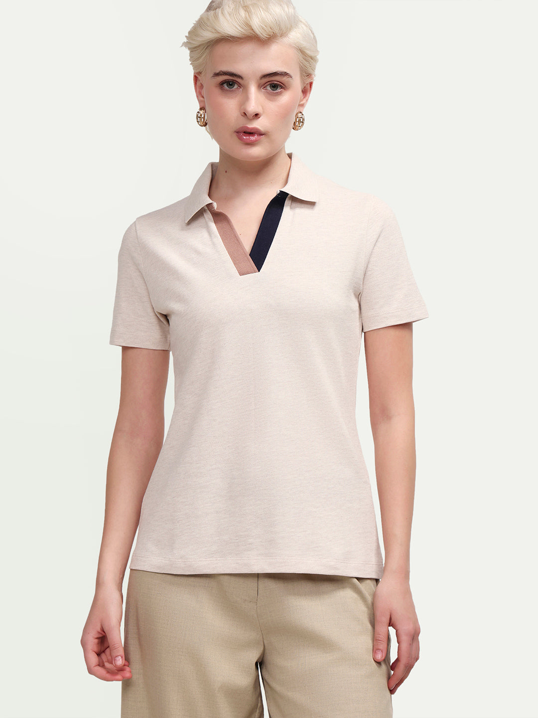 Rareism Women's Zoat Light Beige Cotton Blend Half Sleeve Regular Fit Plain Polo