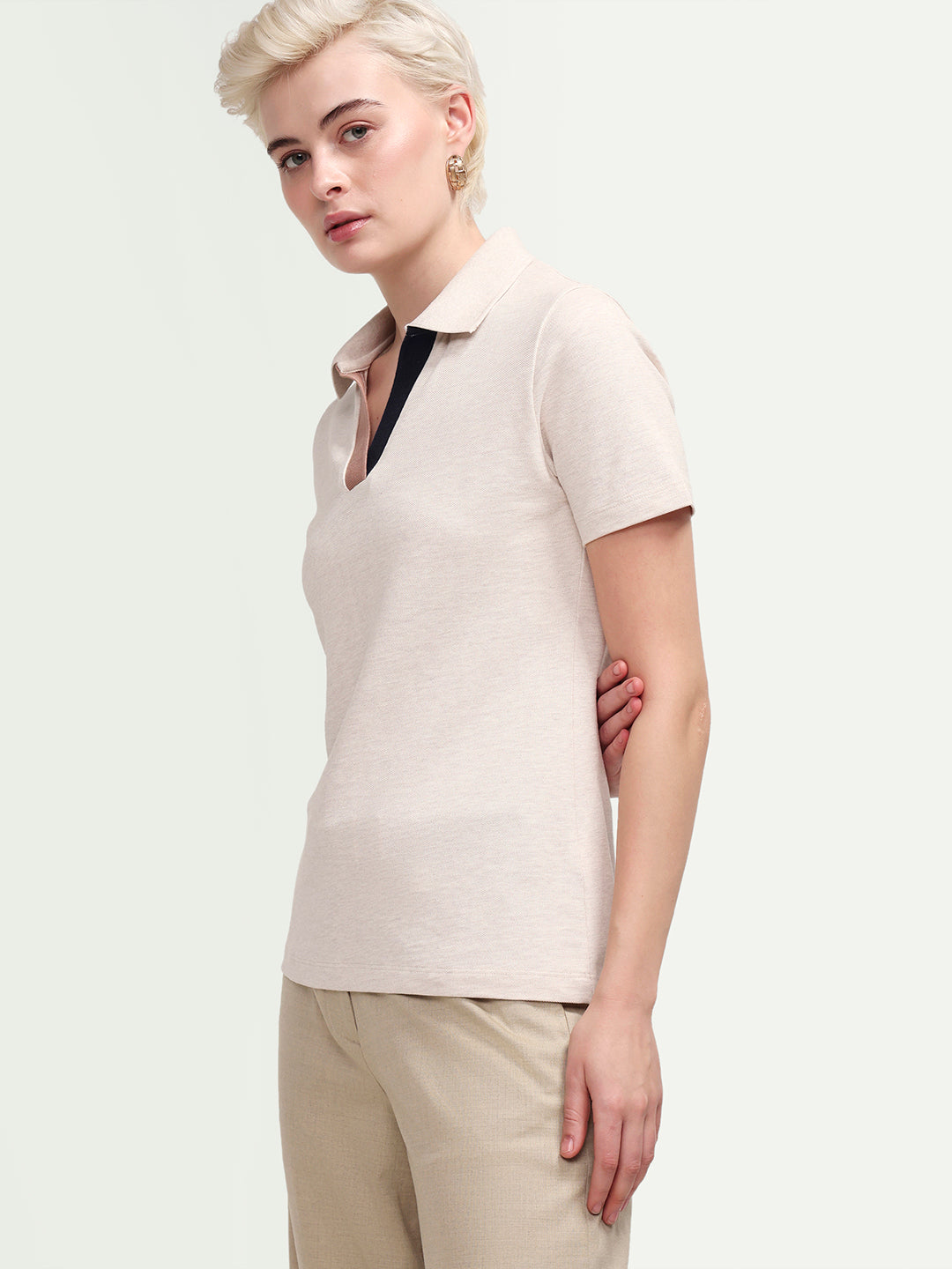 Rareism Women's Zoat Light Beige Cotton Blend Half Sleeve Regular Fit Plain Polo