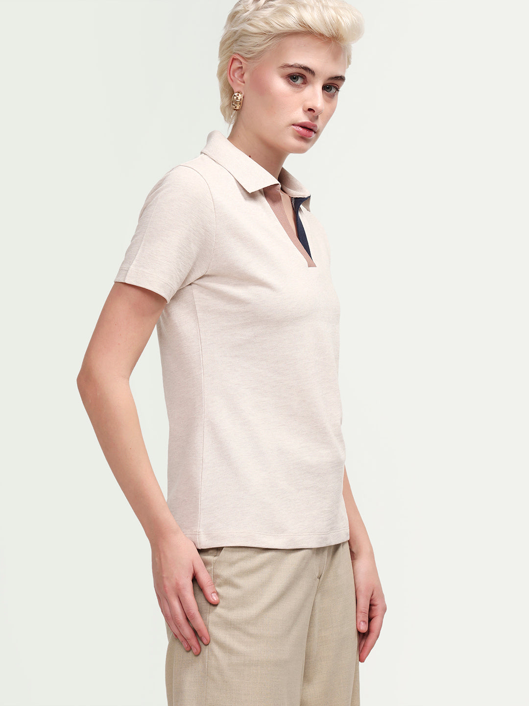 Rareism Women's Zoat Light Beige Cotton Blend Half Sleeve Regular Fit Plain Polo