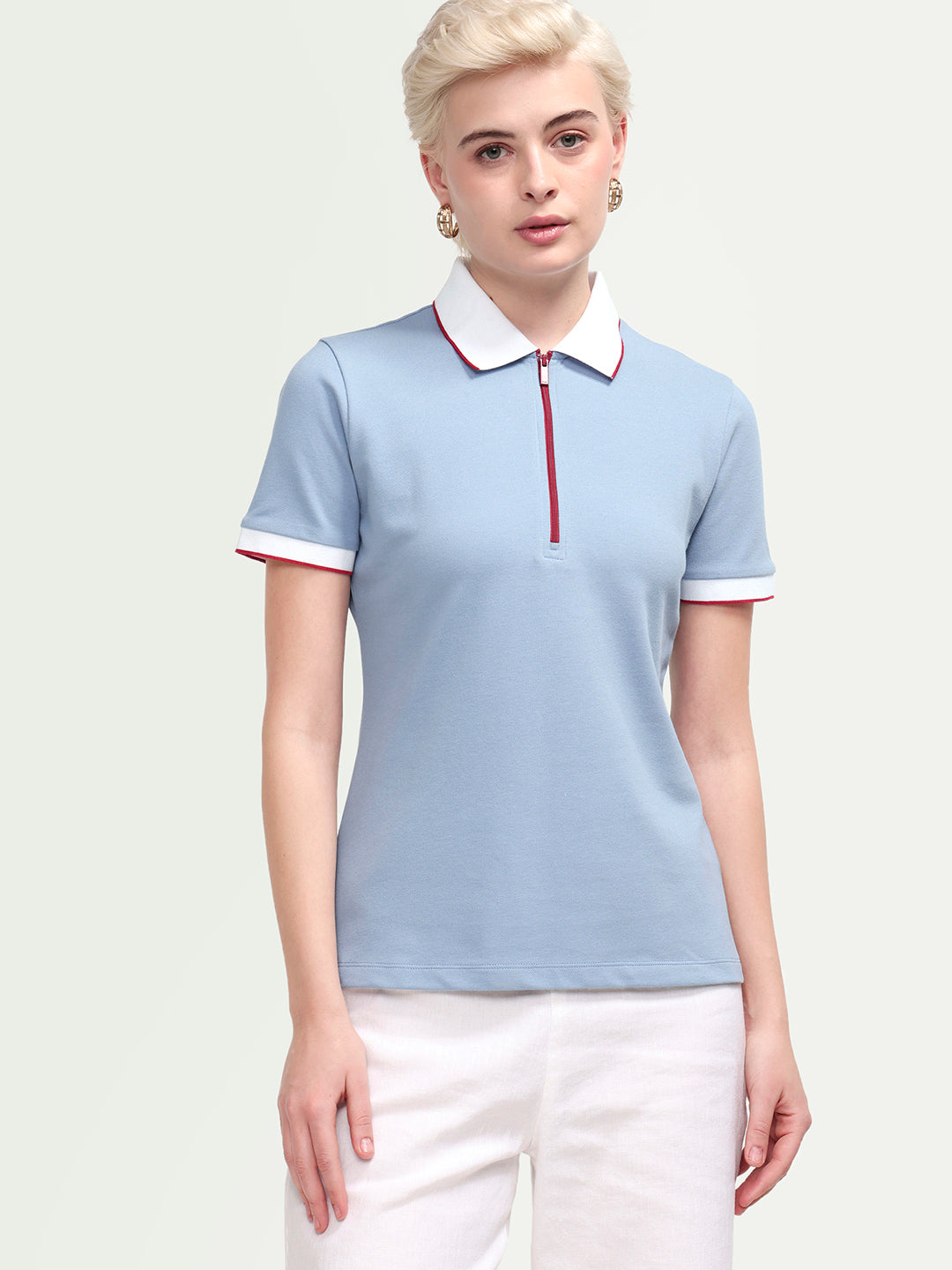 Rareism Women's Zipe Dusky Blue Cotton Blend Half Sleeve Regular Fit Plain Polo