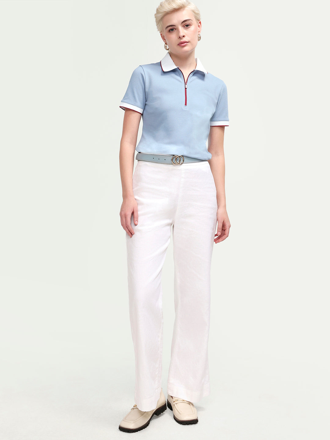 Rareism Women's Zipe Dusky Blue Cotton Blend Half Sleeve Regular Fit Plain Polo