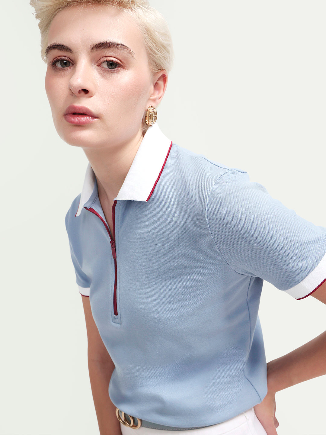 Rareism Women's Zipe Dusky Blue Cotton Blend Half Sleeve Regular Fit Plain Polo