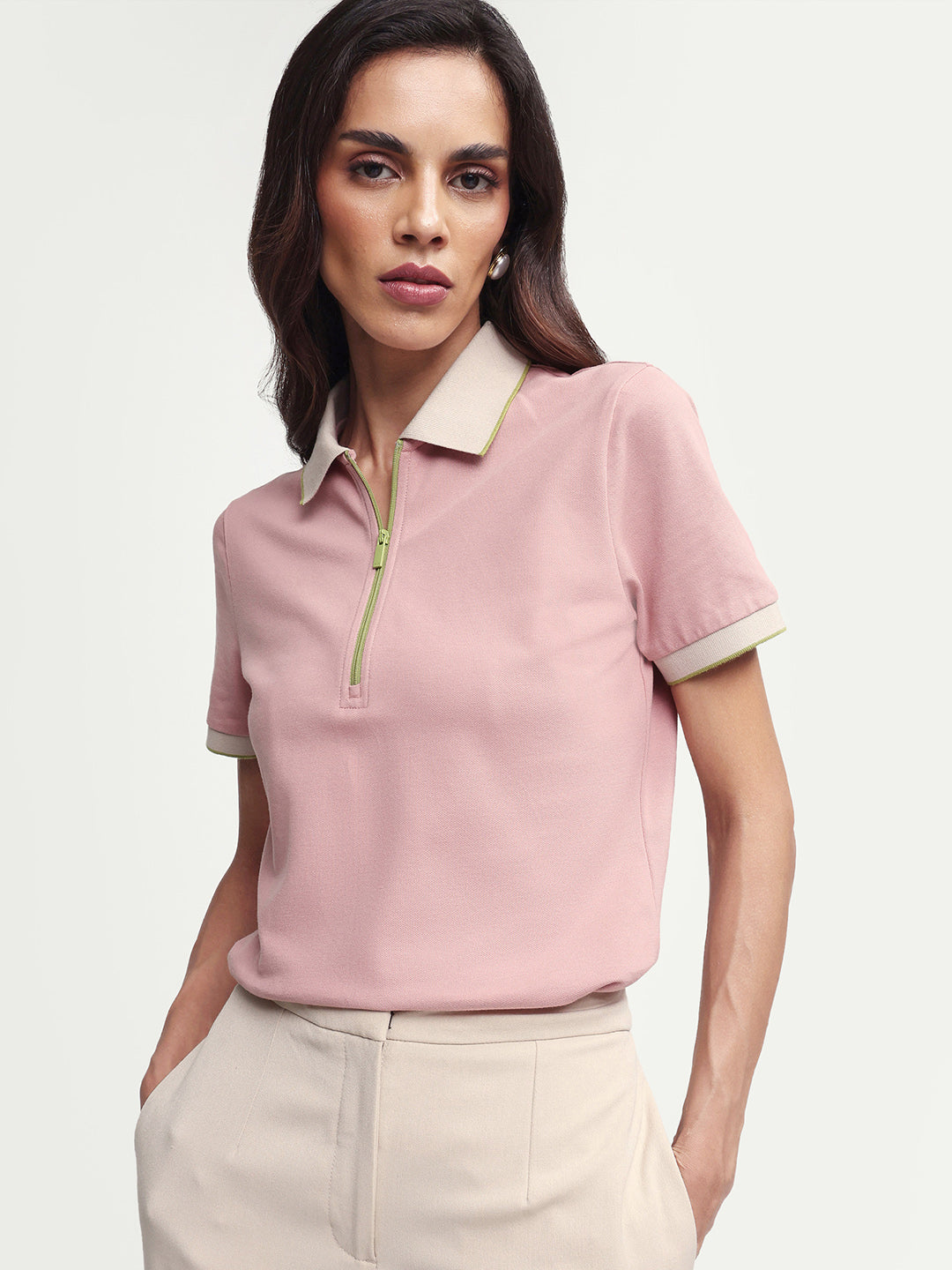 Rareism Women's Zipe Dusky Pink Cotton Lycra Half Sleeve Regular Fit Plain Polo