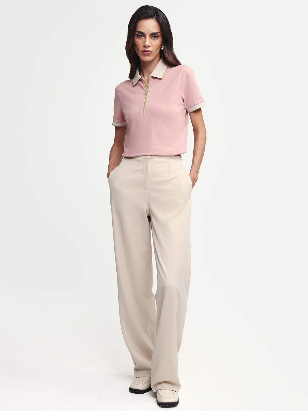 Rareism Women's Zipe Dusky Pink Cotton Lycra Half Sleeve Regular Fit Plain Polo