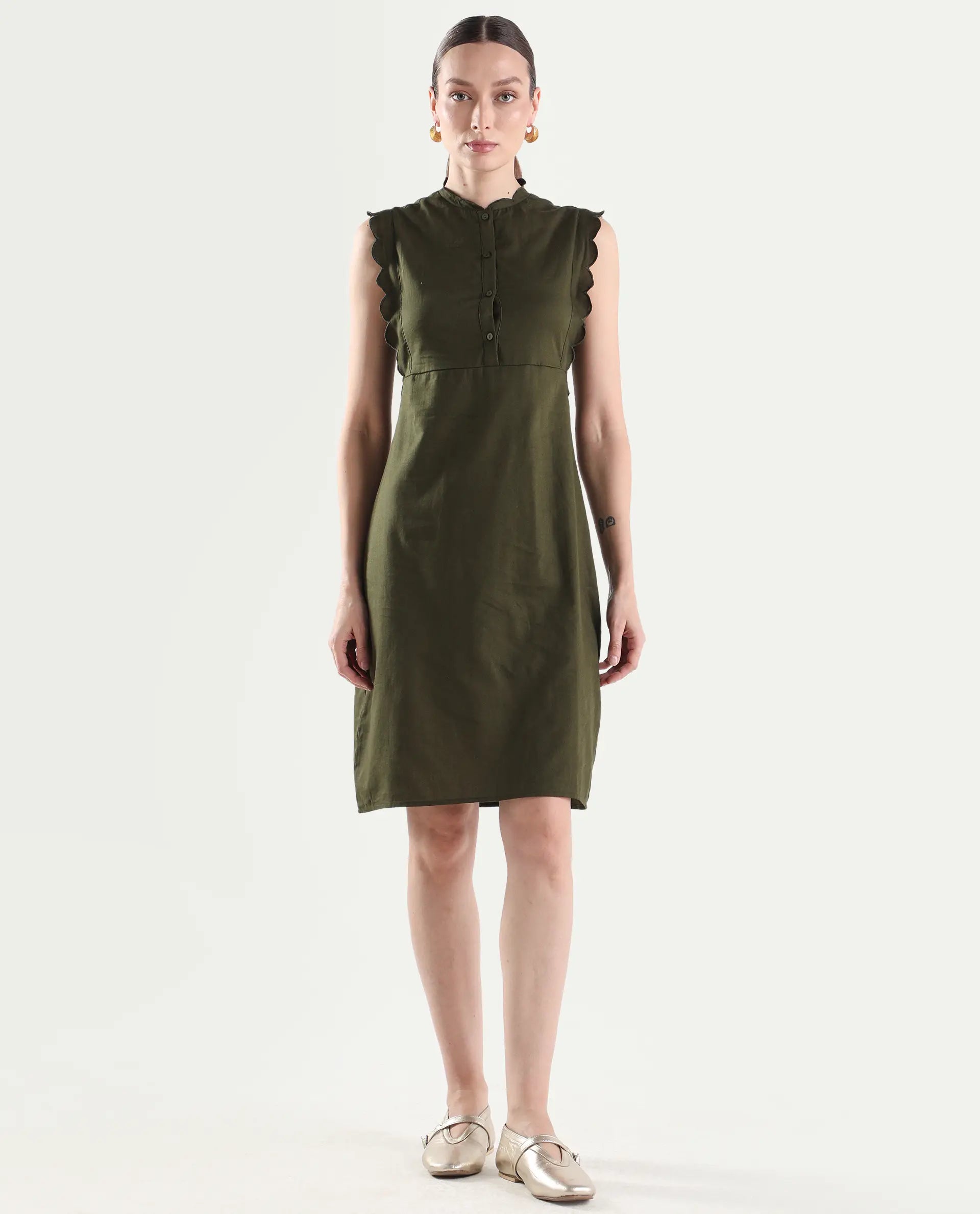 Rareism Women's Adara Olive Cotton Sleeveless A-Line Plain Dress