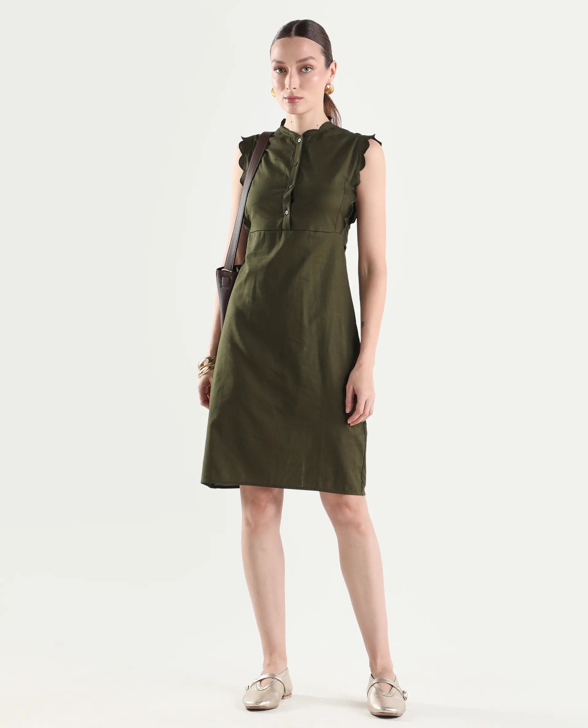 Rareism Women's Adara Olive Cotton Sleeveless A-Line Plain Dress
