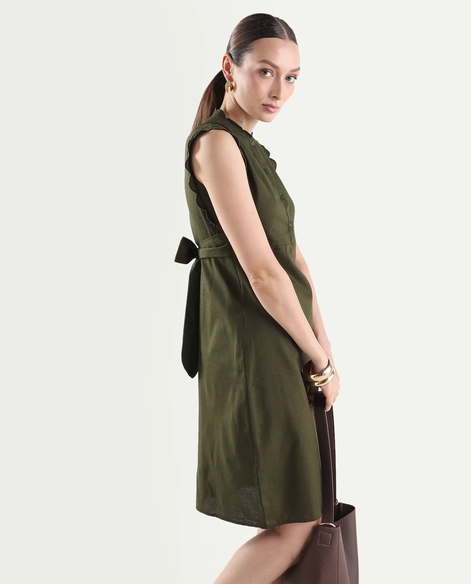 Rareism Women's Adara Olive Cotton Sleeveless A-Line Plain Dress