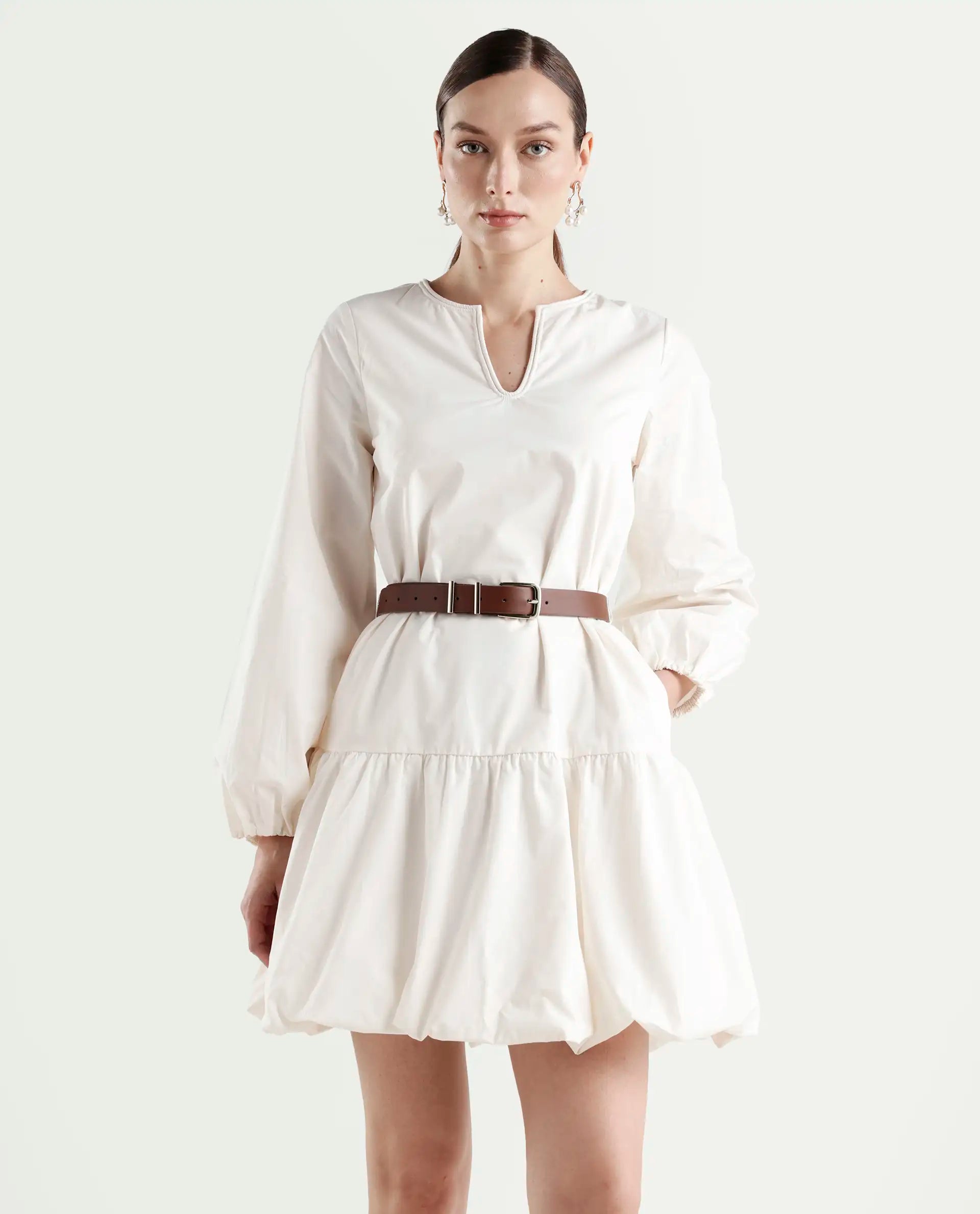 Rareism Women's Aelisi Beige Cotton Full Sleeve A-Line Printed Dress