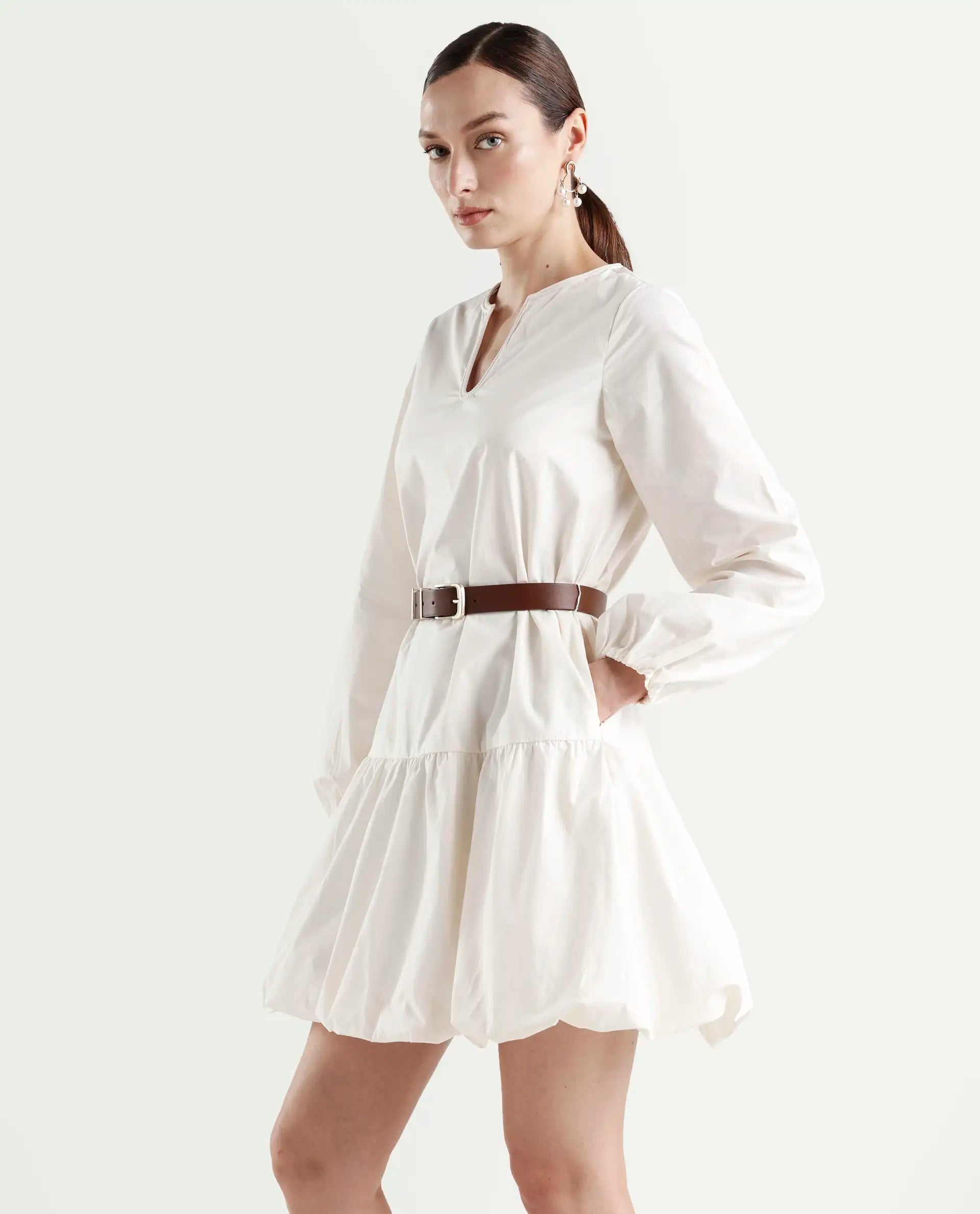 Rareism Women's Aelisi Beige Cotton Full Sleeve A-Line Printed Dress