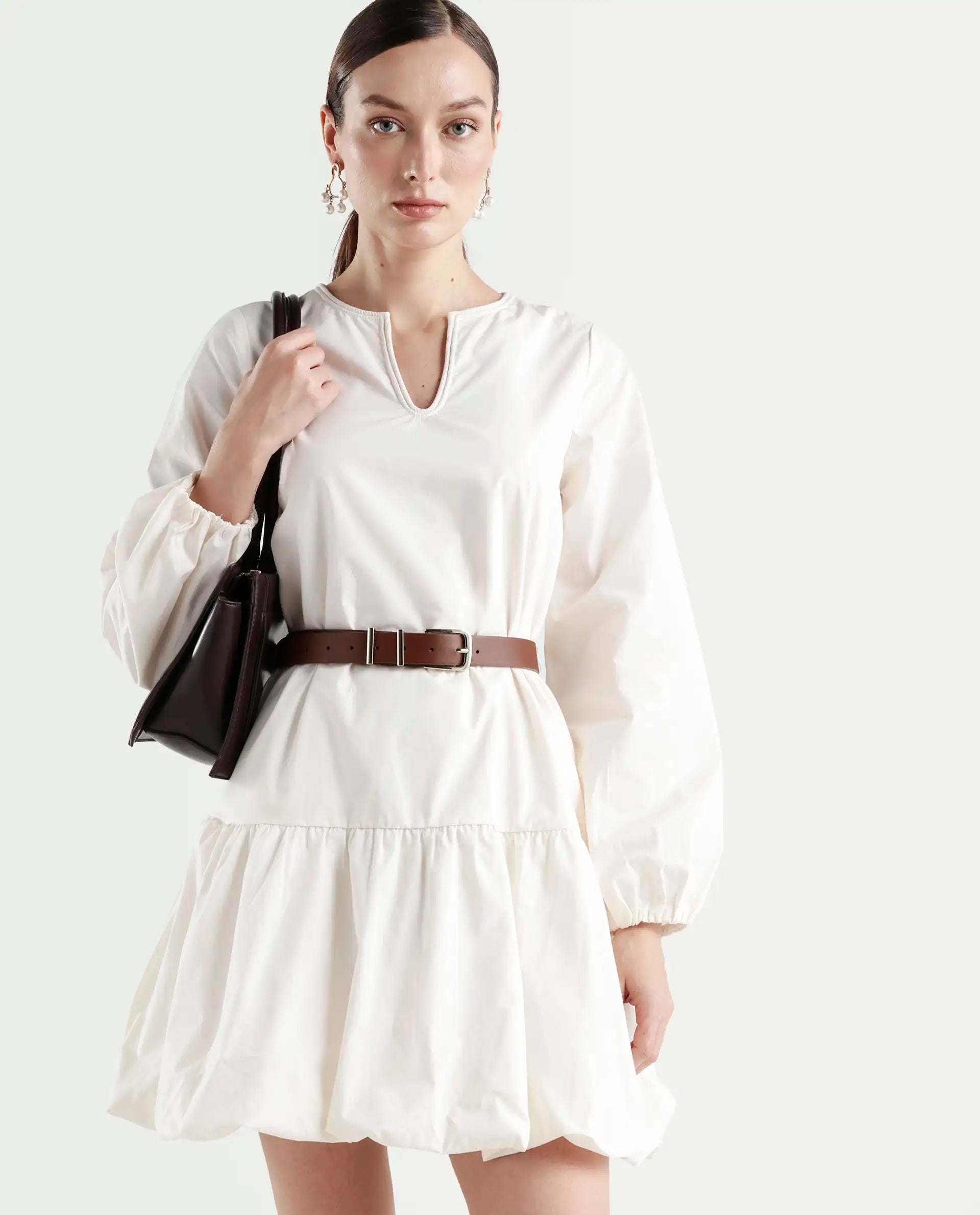 Rareism Women's Aelisi Beige Cotton Full Sleeve A-Line Printed Dress