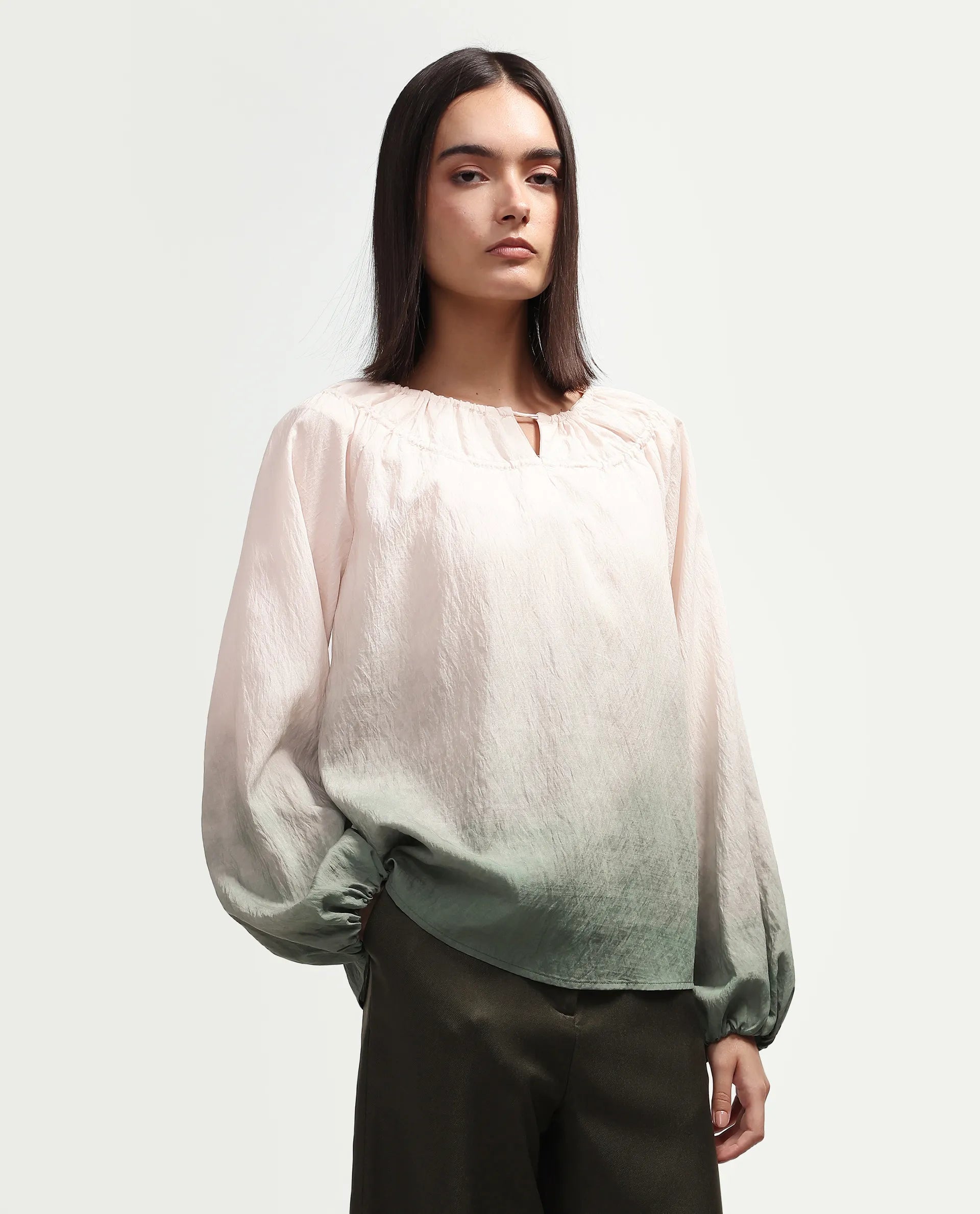 Rareism Women's Aelus Olive Viscose Blend Full Sleeve Regular Fit Ombre Print Top