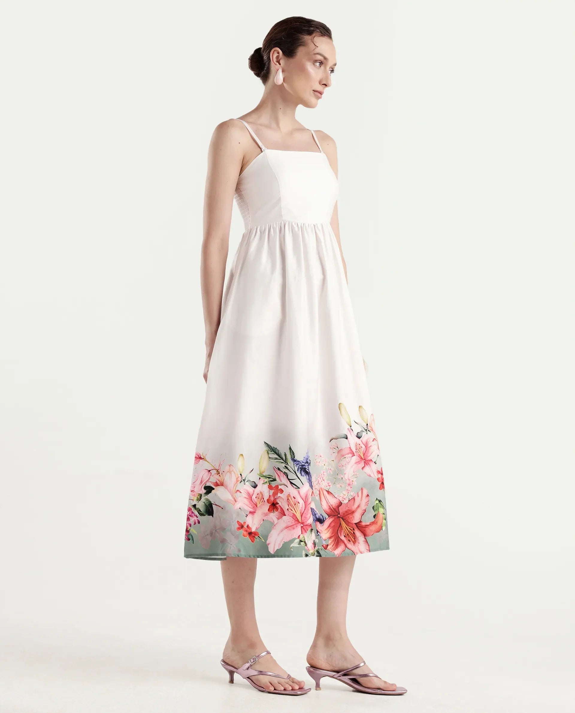 Rareism Women's Agate Off White Cotton Sleeveless Fit And Flare Printed Dress