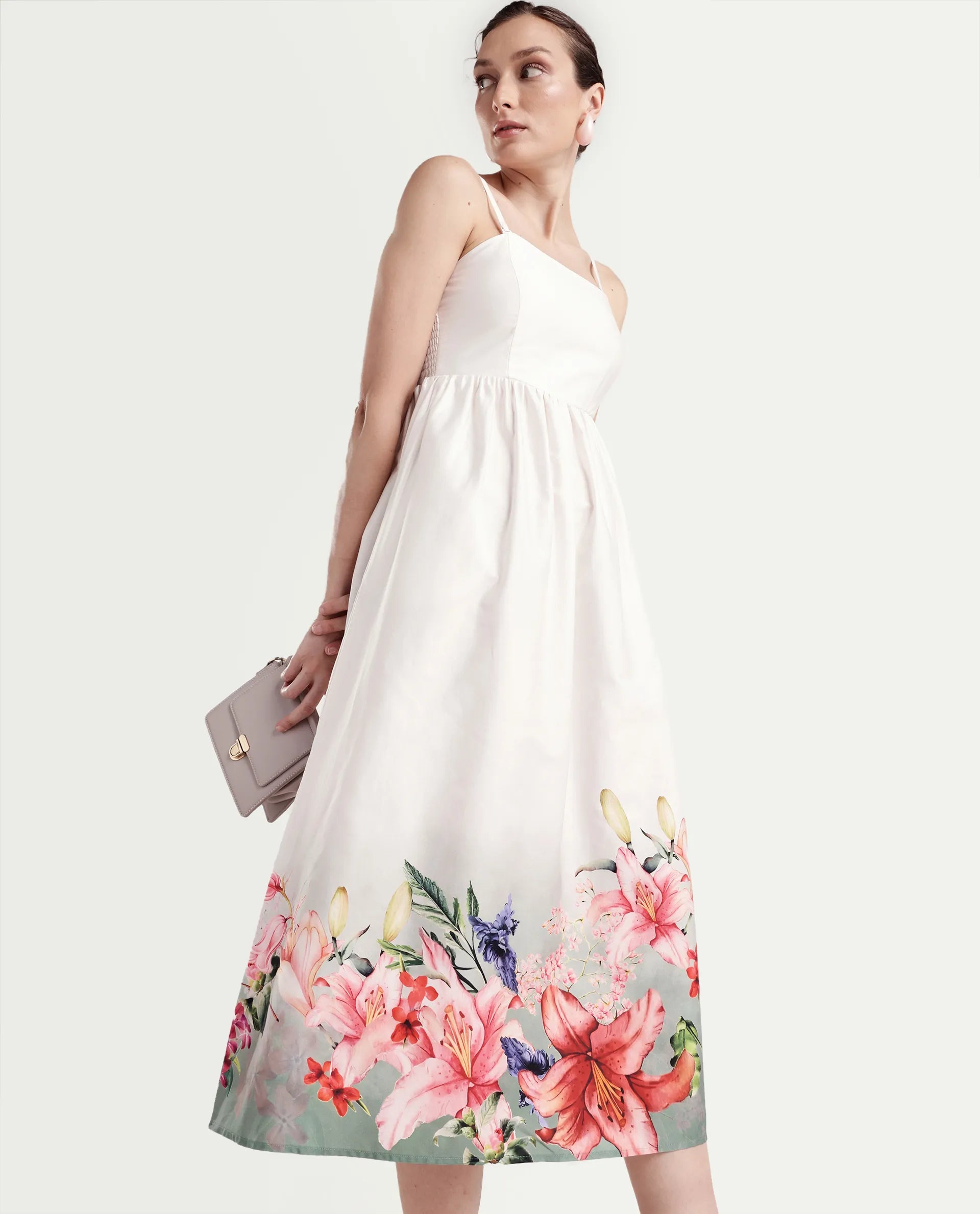 Rareism Women's Agate Off White Cotton Sleeveless Fit And Flare Printed Dress