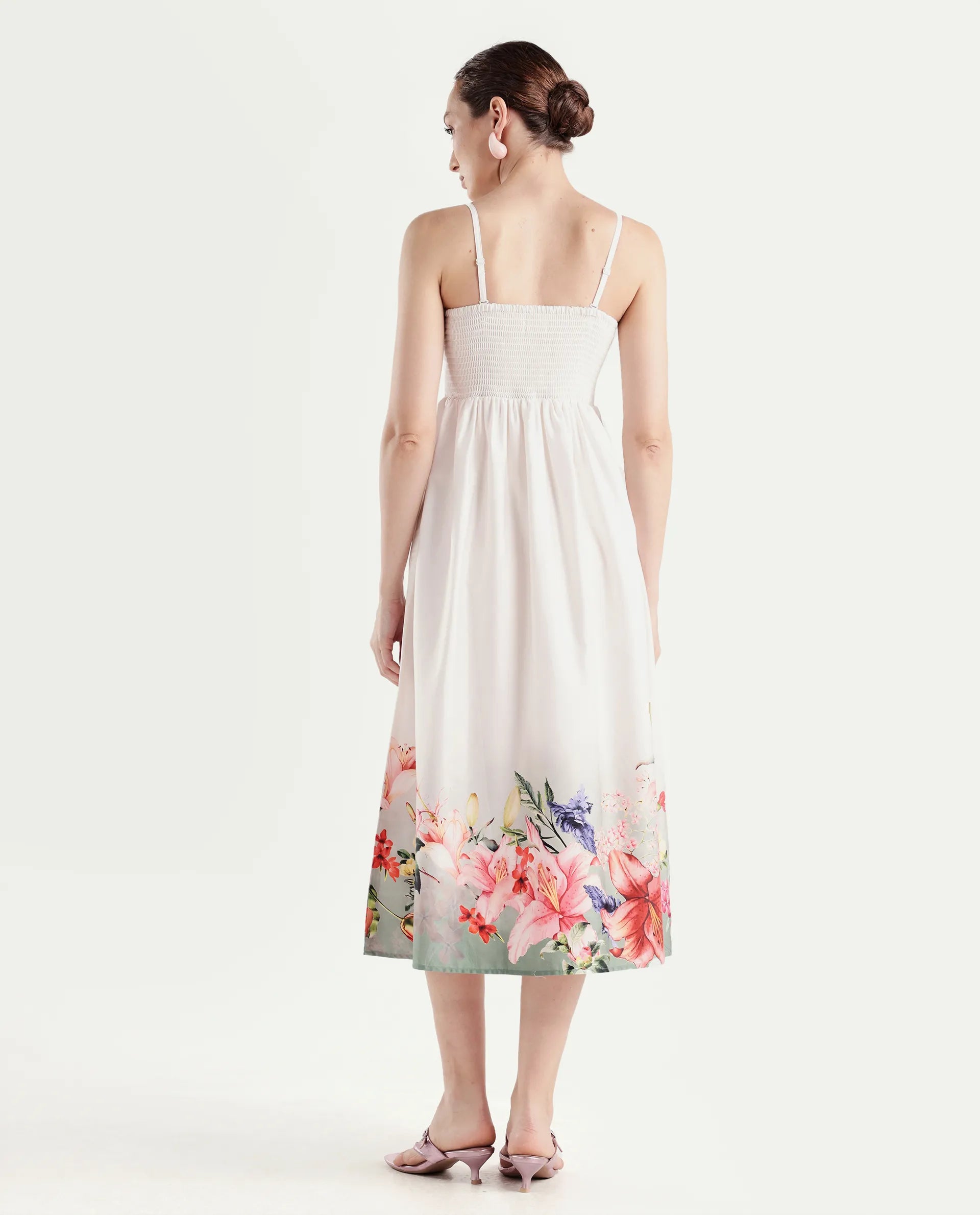 Rareism Women's Agate Off White Cotton Sleeveless Fit And Flare Printed Dress