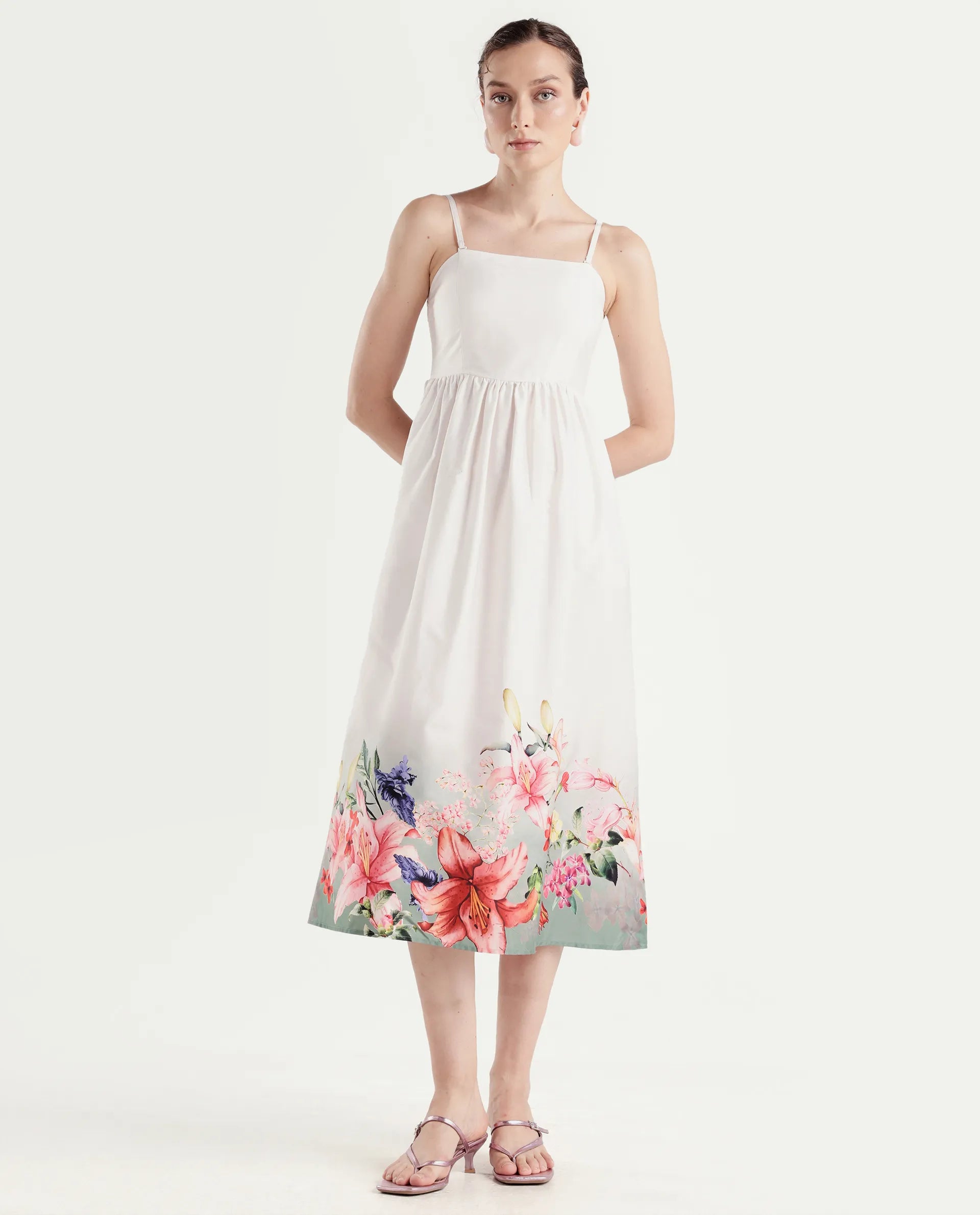 Rareism Women's Agate Off White Cotton Sleeveless Fit And Flare Printed Dress