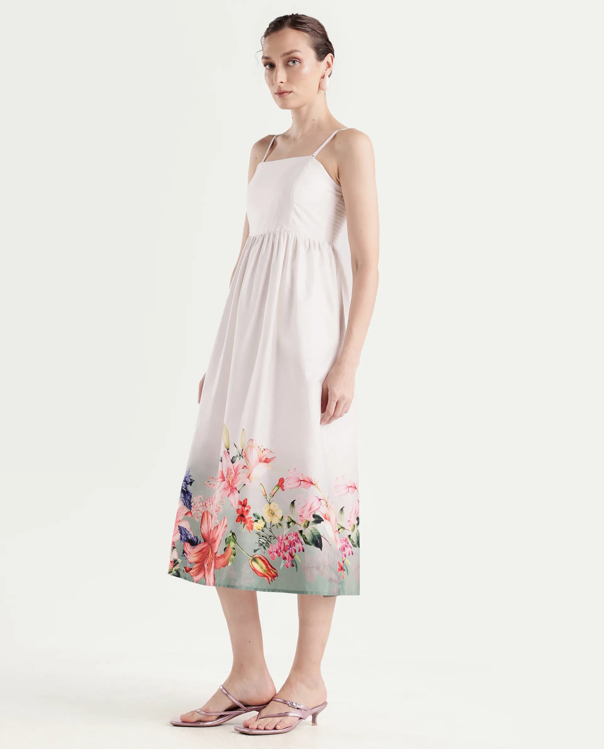 Rareism Women's Agate Off White Cotton Sleeveless Fit And Flare Printed Dress